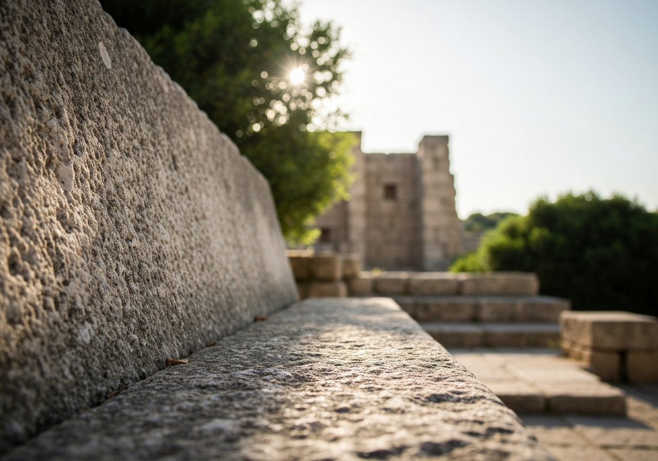 A close-up, slightly angled shot of a weathered stone bench in partial shade, with the worn texture of the stone clearly visible. In the background, slightly out of focus, a glimpse of ancient stonework and lush green foliage under a bright, hazy Mediterranean sun. The overall feel is candid and peaceful, as if captured during a brief moment of rest