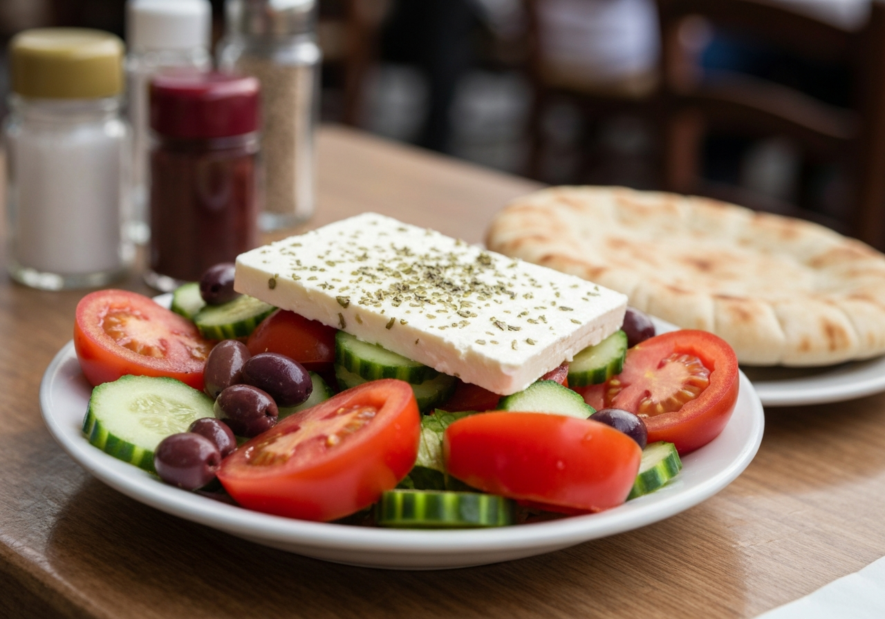A humble Greek taverna table, laden with a vibrant Greek salad featuring ripe red tomatoes, crisp cucumbers, Kalamata olives, and a generous block of feta cheese. A warm pita bread rests beside it. The lighting is natural and slightly dappled, suggesting an outdoor setting. The focus is on the freshness of the food, with a slight blur on the background to imply a bustling but relaxed atmosphere