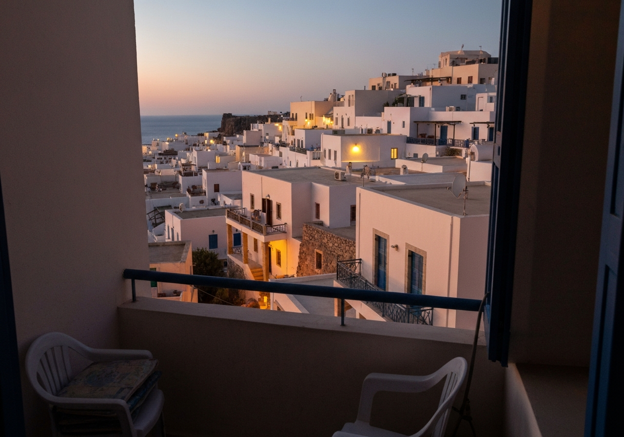 A view from a small, slightly cluttered balcony overlooking the village of Lindos, Greece, as the sun begins to set. Whitewashed houses cascade down towards the sea, their walls glowing with a warm, golden light. Small lights are starting to appear in windows. The composition should feel unposed, capturing the quiet transition of evening, with a hint of the sea in the distance