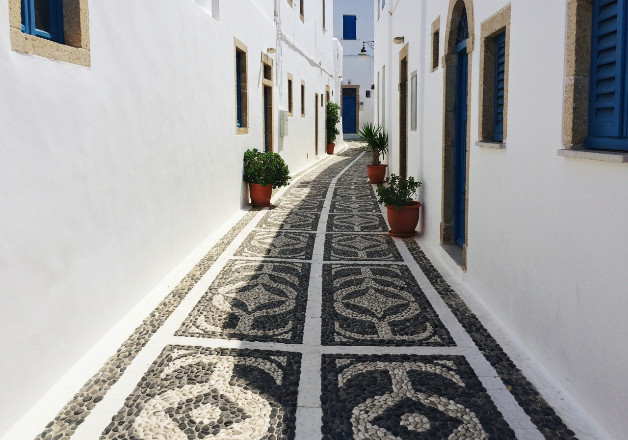 A candid, slightly off-center shot of a narrow, winding street in Lindos, Greece, paved with intricate black and white pebble mosaics. Sunlight casts sharp shadows, and the whitewashed walls of buildings are intensely bright. A few potted plants add pops of green. The image should feel like it was captured spontaneously with a smartphone, with slight natural blur or subtle lens flare