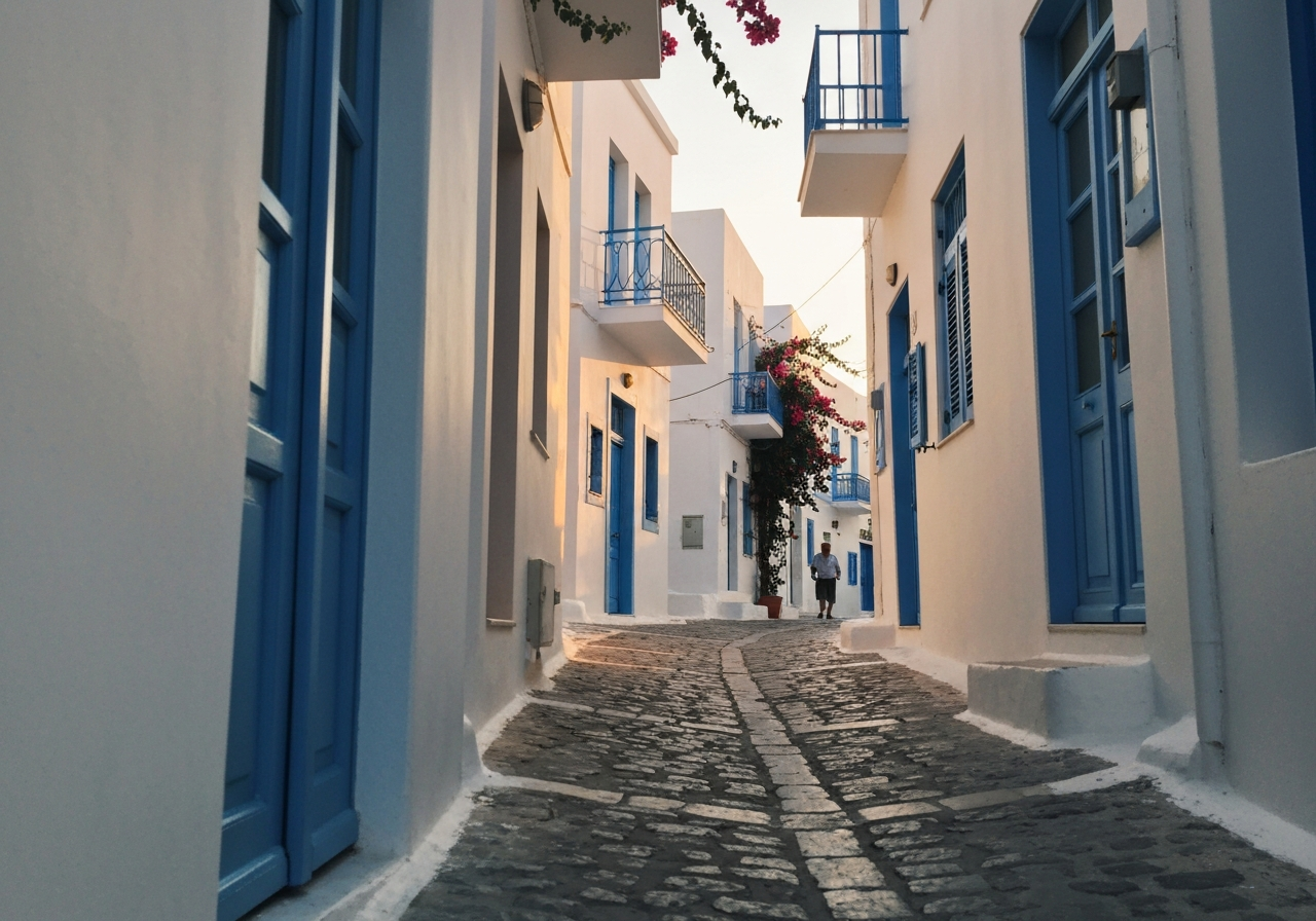 A slightly off-center, candid shot taken from a low angle looking up at a narrow, winding street in Lindos, Greece. Whitewashed buildings with blue doors and shutters line the path, softly illuminated by the golden hues of early morning sunlight. A single, elderly local figure is just visible in the distance, adding a sense of quiet authenticity. The cobblestones are slightly uneven, and there's a hint of bougainvillea cascading from a balcony. Shot with a smartphone, natural light, slightly grainy