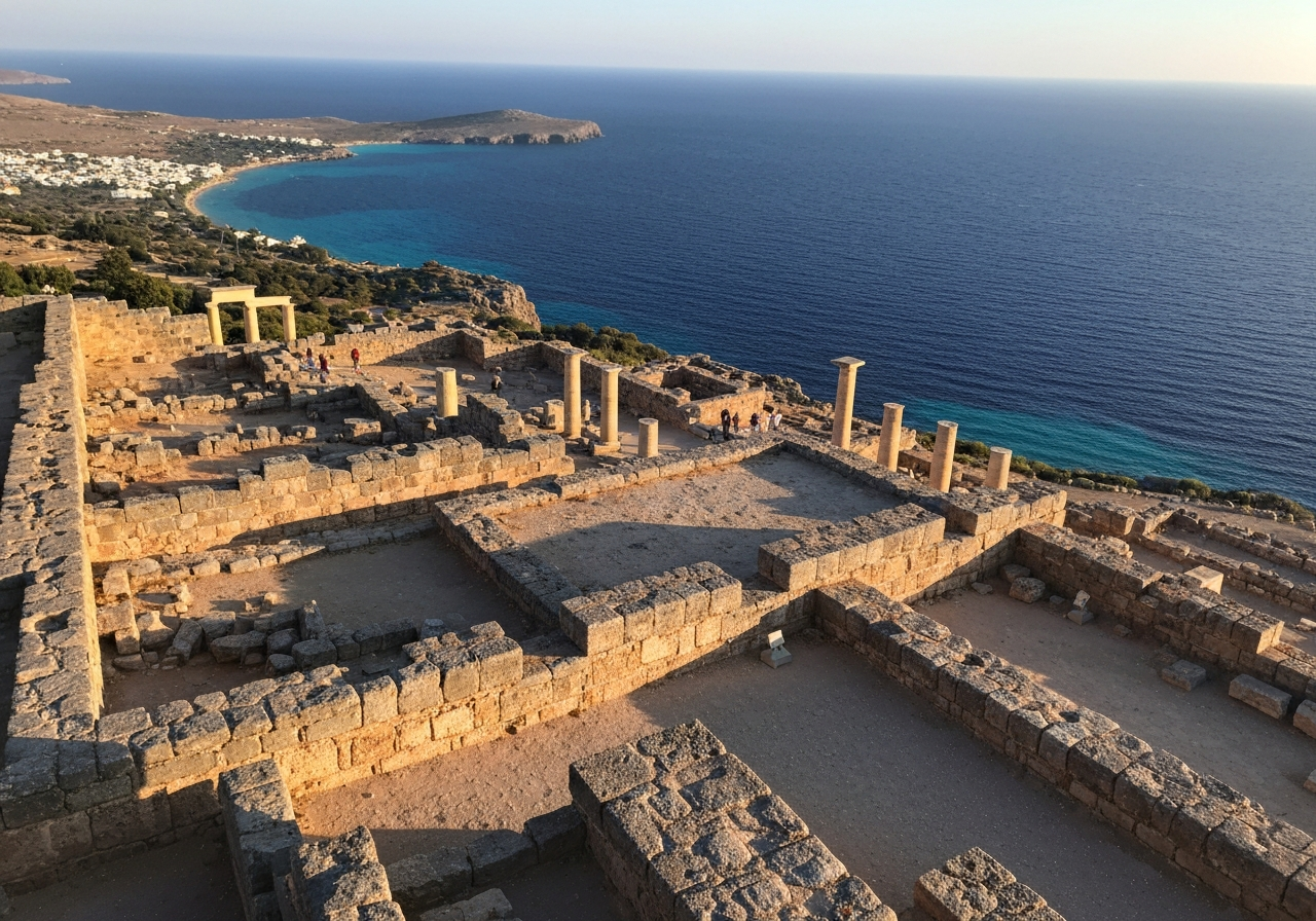 A wide, slightly shaky shot taken from the Lindos Acropolis at dawn. The ancient stone ruins are bathed in soft, warm light, casting long shadows. In the distance, the deep blue Mediterranean Sea stretches out, with St. Paul's Bay a distinct turquoise curve. The image captures a sense of vastness and history, with a few other early visitors visible as small figures, emphasizing the peacefulness before the crowds. Smartphone photo, natural light, capturing the texture of the ancient stones