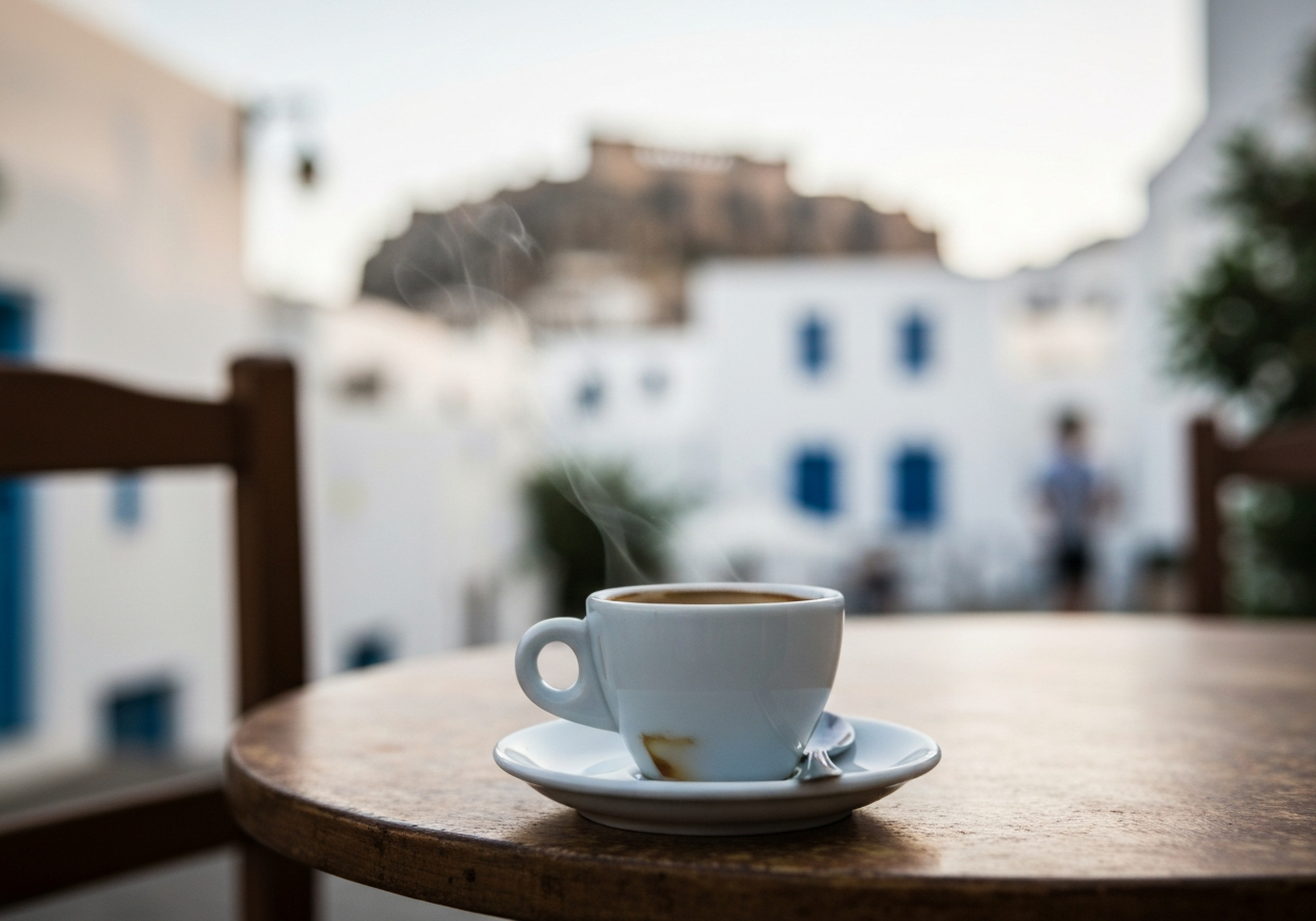 A close-up, slightly blurred shot of a strong espresso cup on a small, rustic café table in Lindos. The steam is subtly rising, and the dark liquid is rich. In the background, the blurred shapes of white buildings and the faint outline of the Acropolis can be seen. The focus is on the simple pleasure of the coffee and the early morning quiet. Smartphone photo, shallow depth of field, natural light