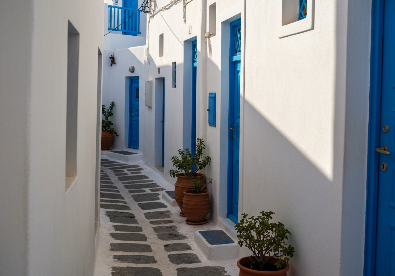A candid, slightly off-center smartphone photo of a narrow, winding alleyway in Fira. White-washed walls with splashes of vibrant blue paint on doors and window frames. A few terracotta pots with hardy green plants are visible. The perspective is looking down the alley, with a hint of sunlight and shadow playing on the surfaces. No people are perfectly framed, giving a sense of quiet exploration