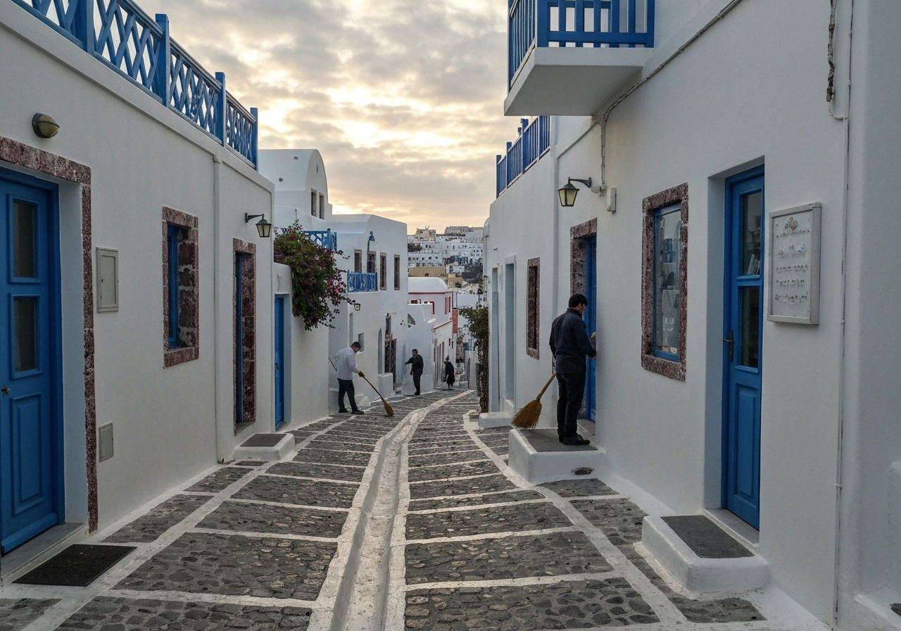 A candid, slightly angled shot of narrow, winding cobblestone streets in Fira, Santorini, just after sunrise. A few white buildings with blue accents are visible, and the scene is quiet, with one or two locals in the distance sweeping a doorstep or opening a shop. The lighting is soft and diffused by clouds, giving an authentic, unposed feel, like a quick snap taken while exploring