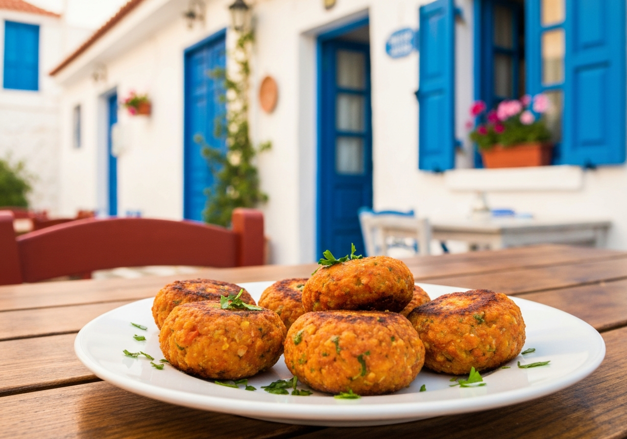 A candid, handheld smartphone photo looking down at a plate of golden-brown tomato keftedes on a rustic wooden table at a small taverna. The background is slightly blurred, showing glimpses of a traditional Greek setting. The food looks appealing and homemade, not overly styled