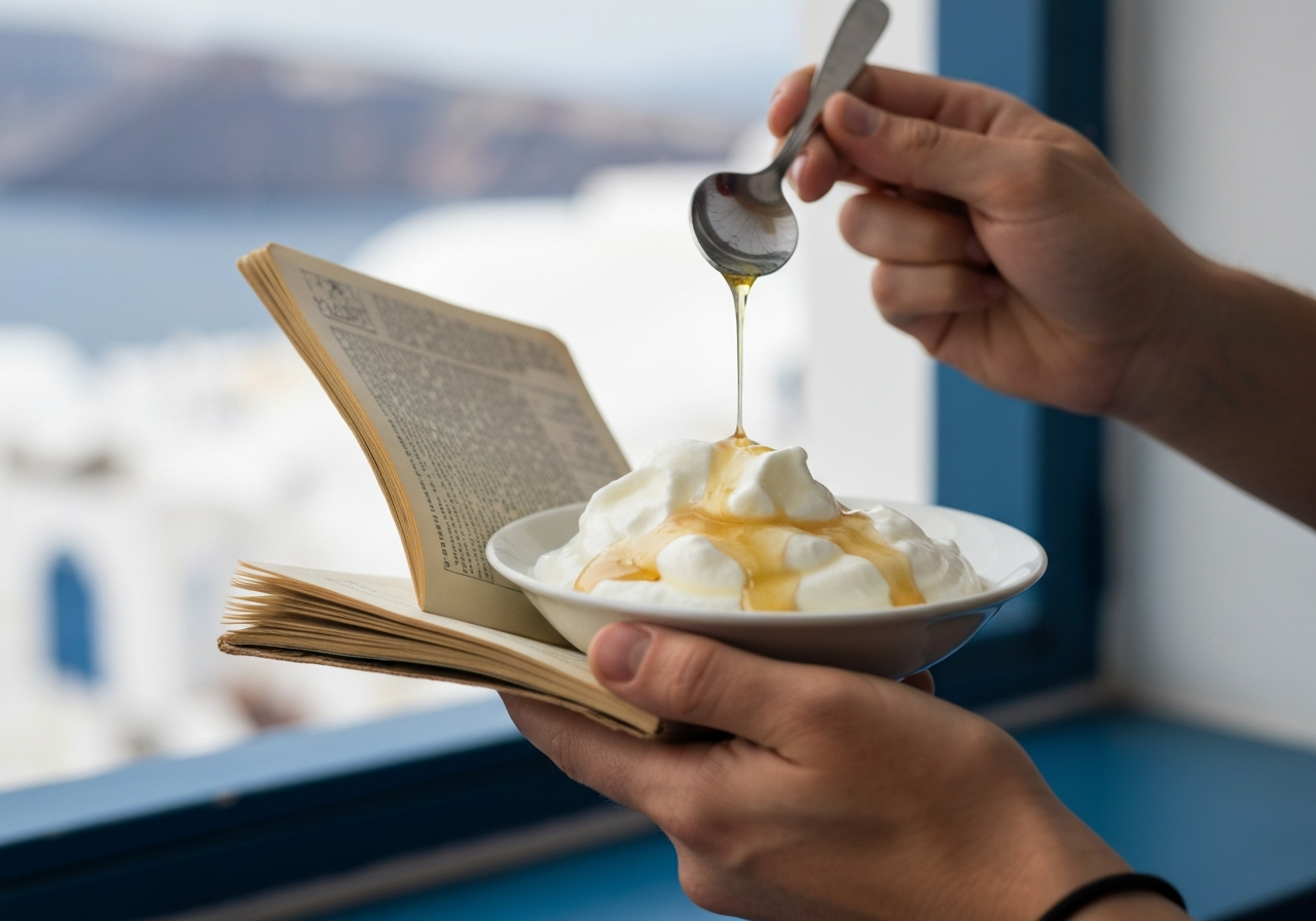 An authentic, candid shot of a person's hands holding a worn travel notebook and a spoon digging into a thick Greek yogurt with drizzled honey. The background is subtly out of focus, hinting at a Santorini cafe setting with a hint of volcanic landscape visible through a window. The image feels natural and unposed, as if captured spontaneously during a moment of reflection. Shot with a modern smartphone