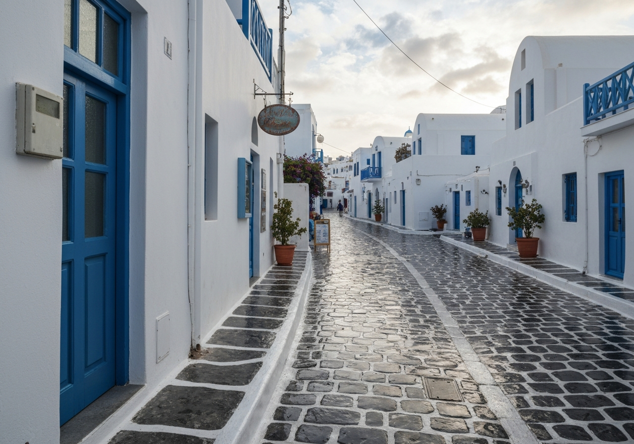 A slightly angled, handheld smartphone photo looking down a narrow, winding street in Fira, Santorini. The cobblestones are damp from a recent shower, reflecting the soft, cloudy sky. Traditional white buildings with blue accents line the street, with a few potted plants and perhaps a shopkeeper setting up. The image captures a quiet, almost deserted moment before the main tourist rush. Shot with a modern smartphone, natural light