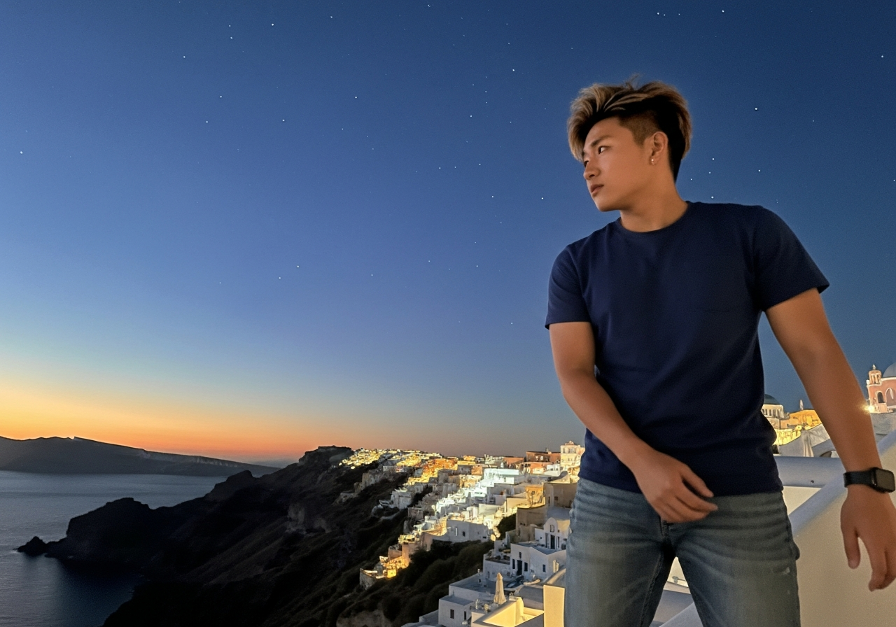 A candid shot taken from a hotel balcony at dusk, looking out over the indigo caldera of Santorini. Distant lights of a town twinkle on the hills. The sky is a deep gradient of fading orange and purple. The image should have the slightly grainy, handheld feel of a smartphone photo taken spontaneously. No people visible