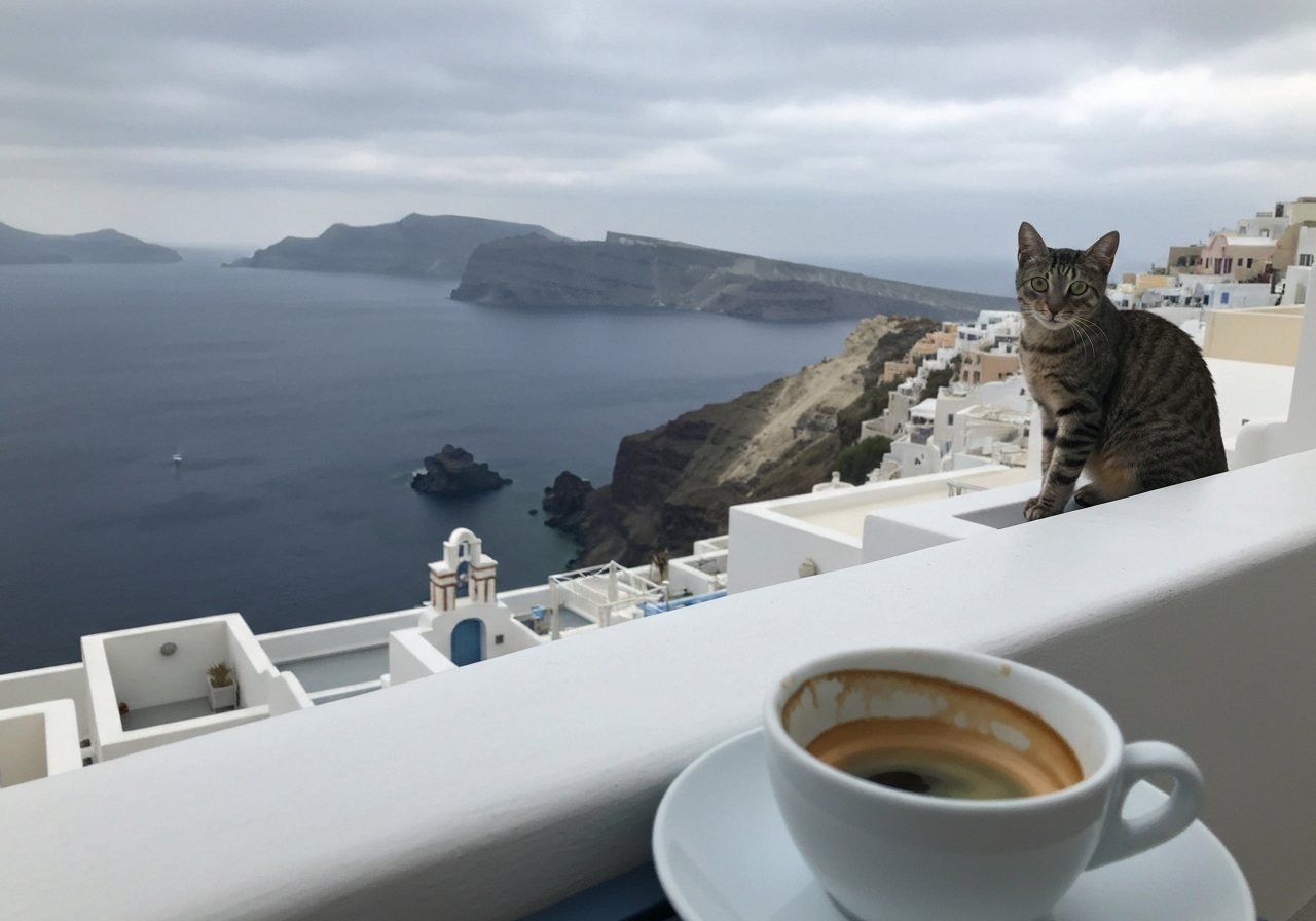 A slightly overcast morning view of Santorini's caldera from a balcony, with a half-empty cup of Greek coffee and a curious cat in the background, captured with a smartphone