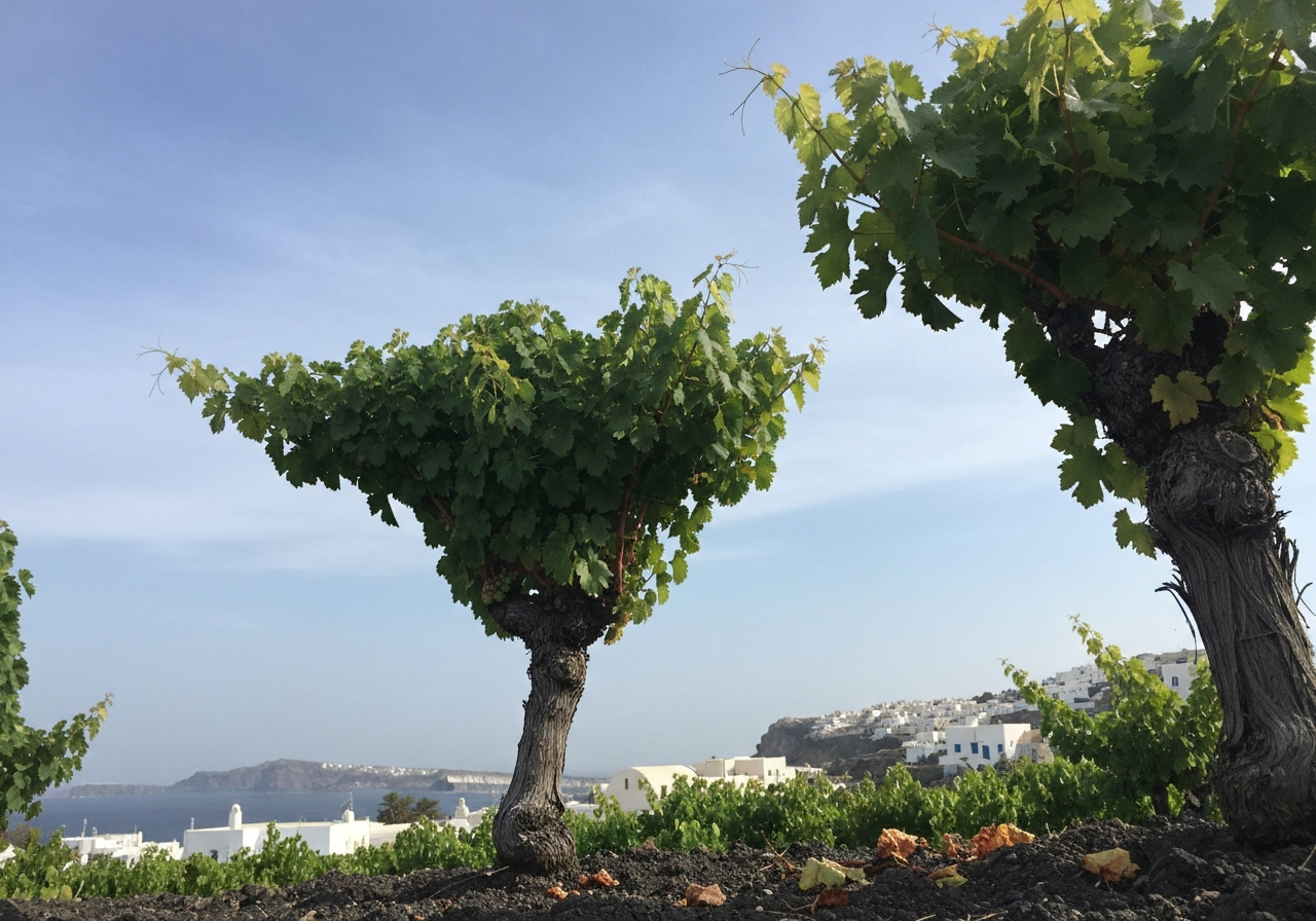 A slightly tilted, natural-looking smartphone photo of traditional Santorini grapevines trained in the 'basket' formation, seen against a backdrop of a hazy blue sky and distant whitewashed buildings. The focus is on the unique shape of the vines, with a few stray leaves and perhaps a hint of volcanic soil visible in the foreground. The overall impression is one of authenticity and quiet observation
