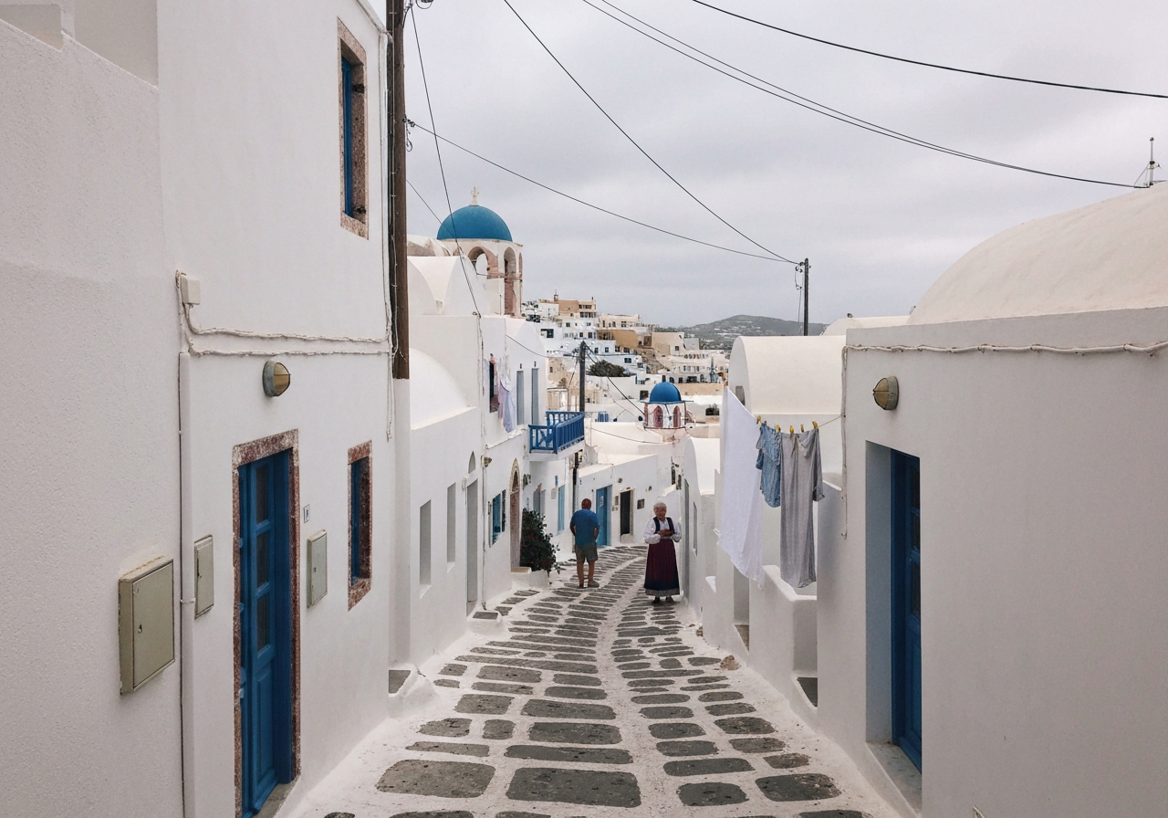 A winding, narrow street in Pyrgos, Santorini, with whitewashed houses, laundry hanging between buildings, and a few locals in the distance, taken with a phone camera on a cloudy day