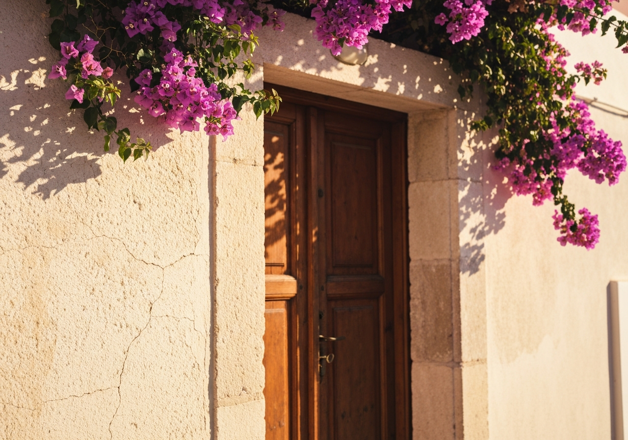 A close-up shot of a weathered, wooden doorway in Santorini, framed by vibrant bougainvillea, with the texture of the stone wall visible, as if taken spontaneously with a smartphone