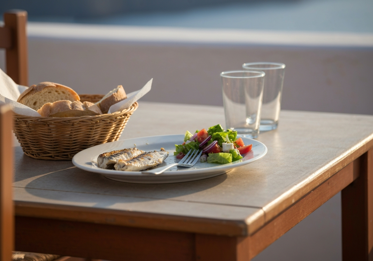 A close-up, slightly off-center shot of a small, rustic taverna table in Oia, Santorini. A plate with remnants of grilled fish and a small Greek salad sits on the table, next to a basket of bread and an empty glass. The background is slightly blurred, hinting at the sea or a whitewashed wall. The lighting suggests late afternoon sun