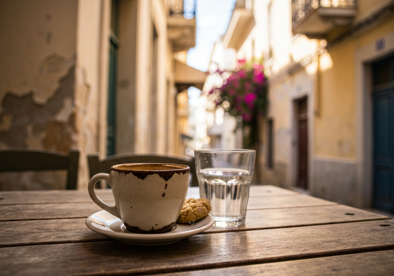 A close-up, slightly tilted shot of a small, worn ceramic cup filled with dark Greek coffee, a glass of water and a small, crumbly cookie beside it on a weathered wooden table in an outdoor Athenian cafe. The background is softly blurred, showing a glimpse of a sun-drenched, narrow street with peeling paint on old buildings and a single, vibrant bougainvillea vine. The lighting is warm and natural, suggesting early morning