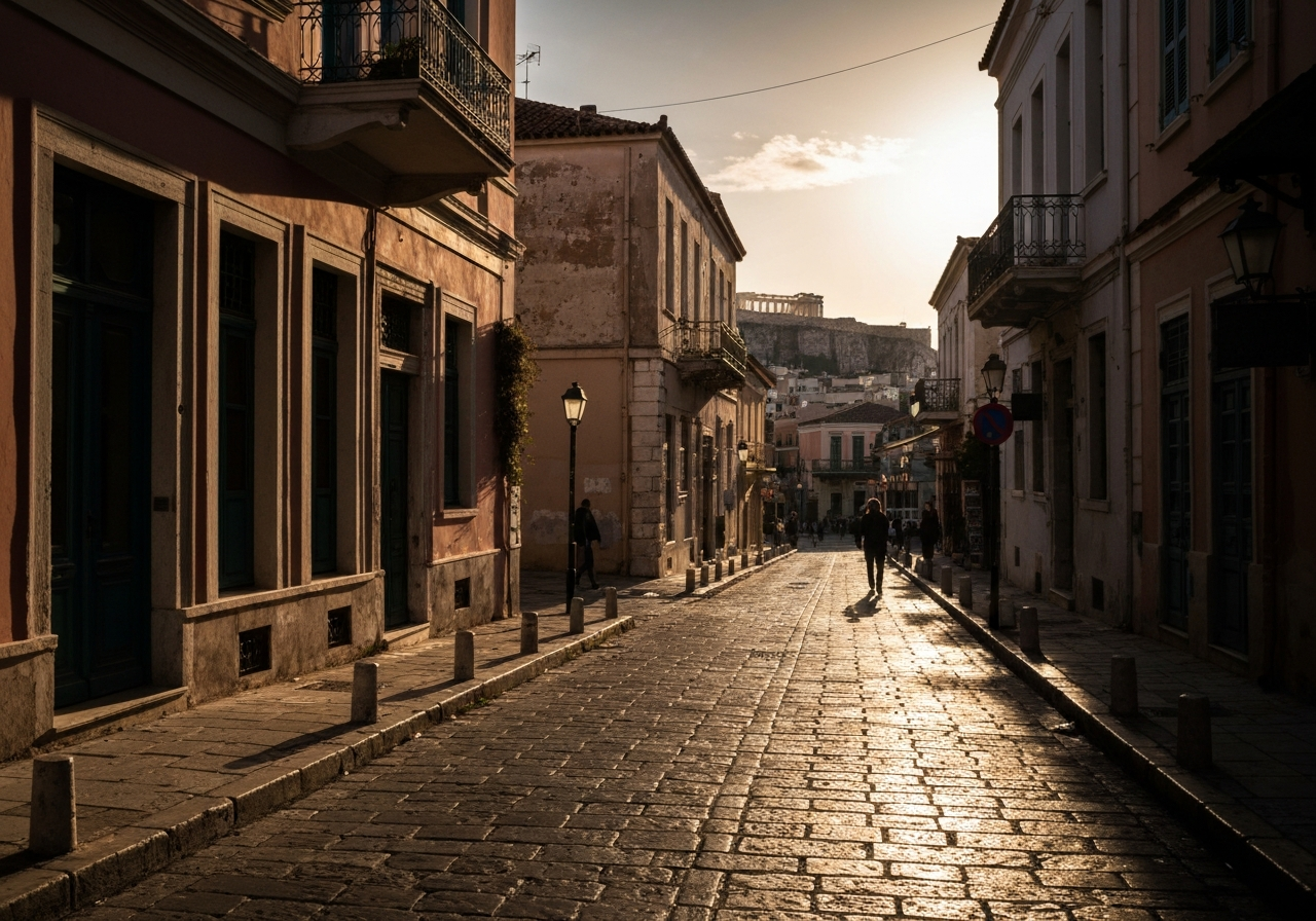 A candid, slightly shaky shot of a street scene in the Plaka neighborhood of Athens. The morning sun is casting long, dramatic shadows across cobblestone streets and the facades of pastel-colored, weathered buildings. In the distance, partially obscured by buildings, the silhouette of the Acropolis can be seen. The focus is on the textures of the stone and the play of light and shadow, conveying a sense of ancient history meeting modern life. A few people are walking, but the street isn't crowded