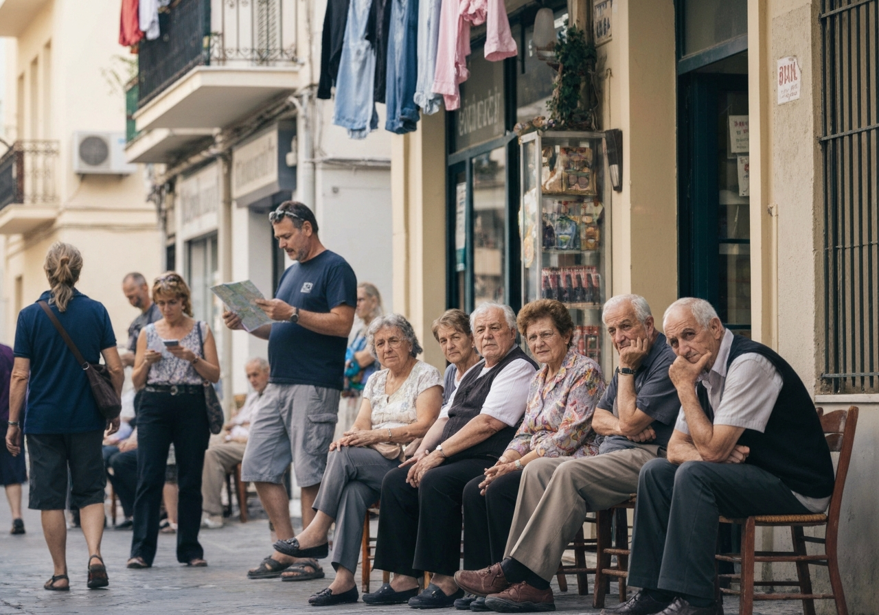 A candid, eye-level shot taken from a street-level perspective in Athens. The focus is on a small group of elderly Athenian residents sitting on low chairs outside a shop, watching passersby with a mixture of curiosity and mild amusement. In the background, a few tourists are visible, heads tilted, consulting maps. Laundry hangs from a balcony above. The image should feel unposed and capture a slice of everyday life