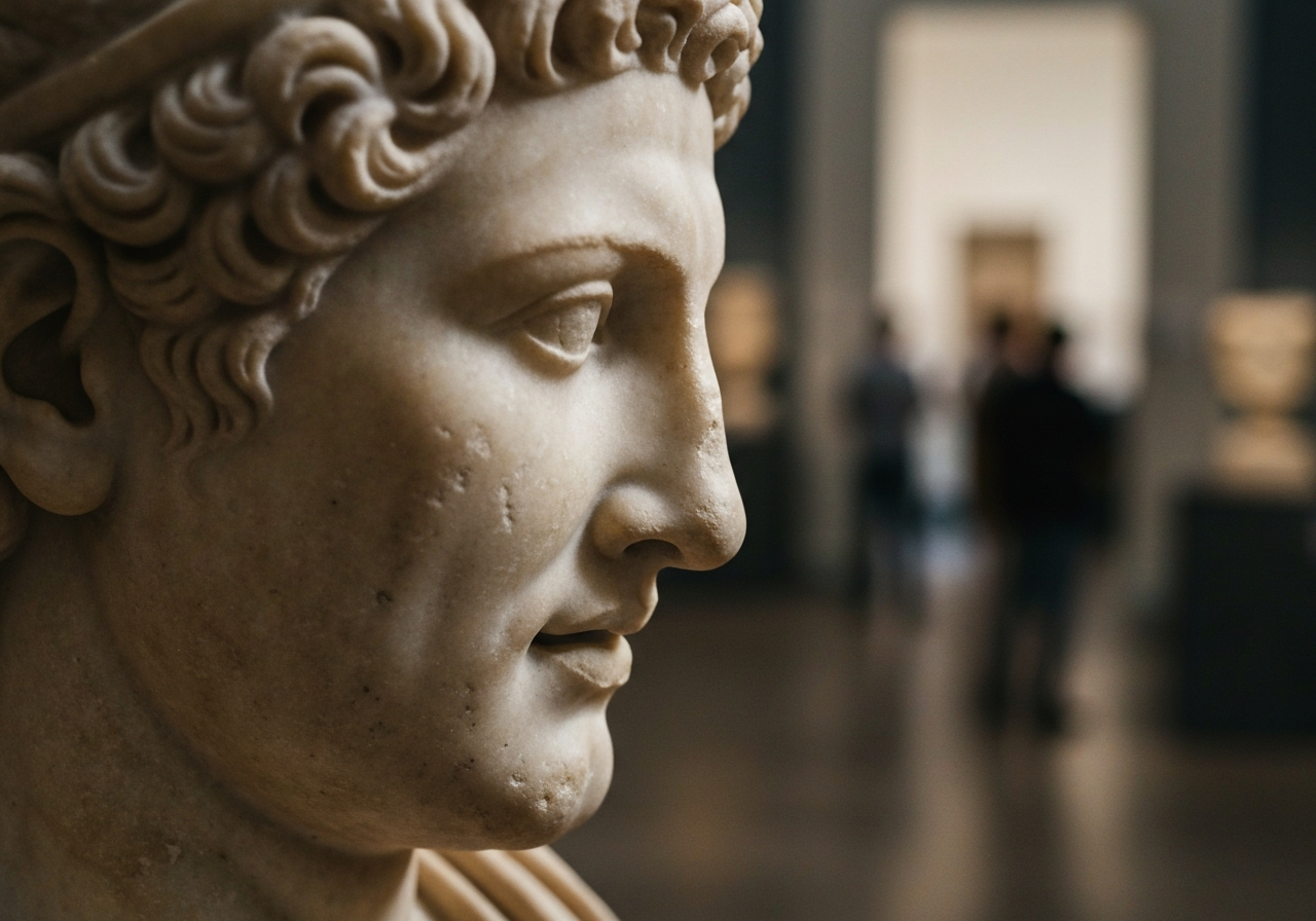 An intimate, close-up smartphone shot of an ancient Greek marble bust in the National Archaeological Museum. The lighting is natural and slightly uneven, highlighting the texture of the stone and the subtle details of the face – perhaps a hint of a smile or a furrowed brow. The background is out of focus, showing the general ambiance of a museum exhibit hall, with a few other visitors or artifacts blurred in the distance