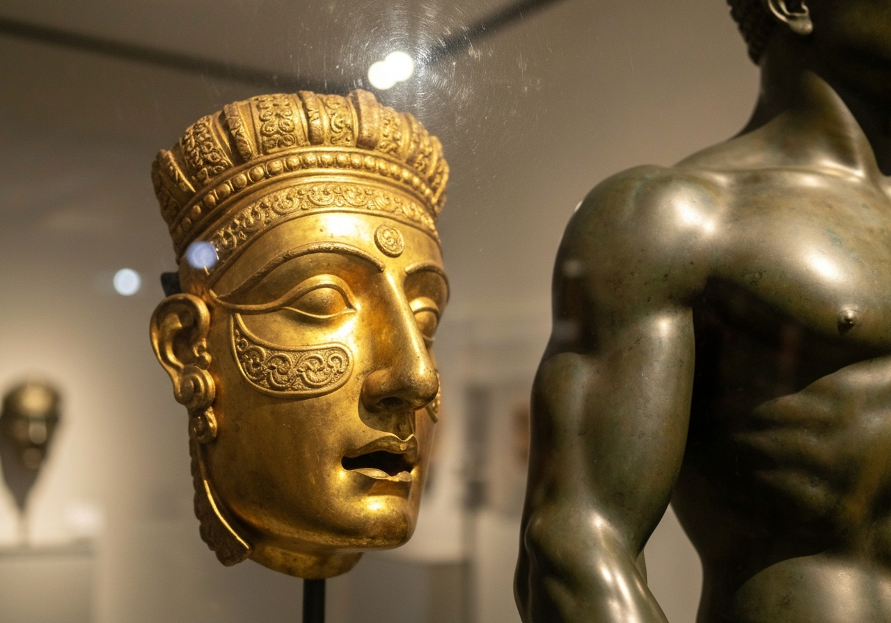 A casual, off-center smartphone photograph capturing a fleeting moment inside the National Archaeological Museum. The image focuses on a detail of an ancient artifact, like the intricate gold work of a funeral mask or the powerful musculature of a bronze statue, seen through a slightly smudged museum glass. The lighting is a mix of ambient museum light and a subtle glint of light reflecting on the glass. The composition is slightly off, as if the photographer was trying to quickly capture something before moving on
