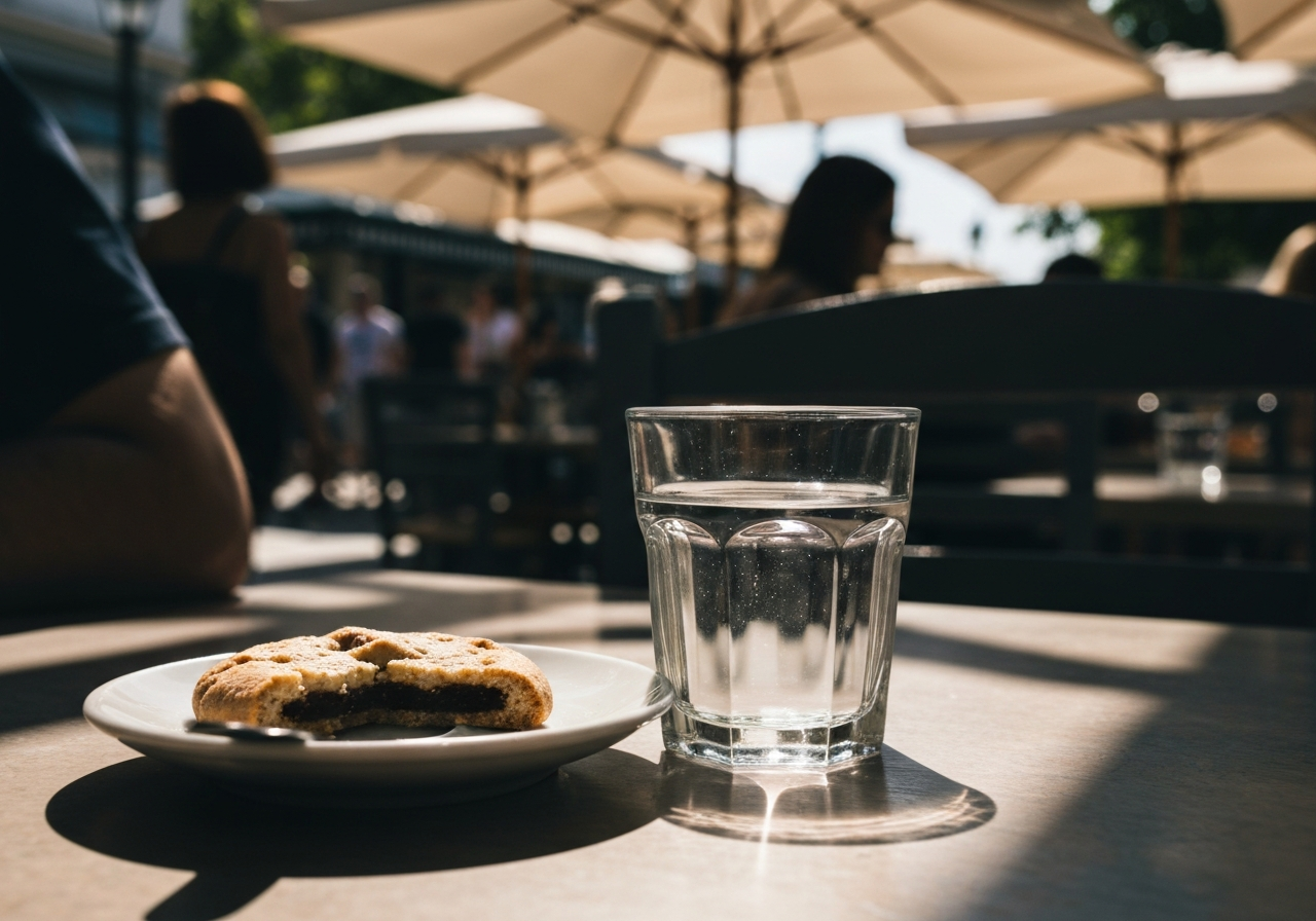 A natural, slightly off-center smartphone photo capturing a small section of an outdoor cafe setting in Athens. Focus is on a half-eaten cookie on a saucer next to a nearly empty glass of water. The sunlight is warm and dappled. The background is a soft blur of indistinct figures and cafe umbrellas, hinting at the lively atmosphere without being overly detailed. The image conveys a sense of a fleeting, everyday moment during travel