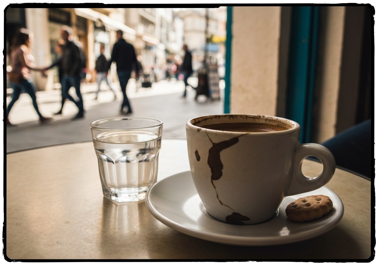 A close-up shot, taken from a slightly low angle, of a small, chipped ceramic cup of thick Greek coffee on a simple cafe table. A small glass of water and a single sweet biscuit sit beside it. The background is slightly blurred, showing a glimpse of a bustling street scene in Athens with people walking by and a hint of sunlight. The overall feel is warm and slightly worn, like a candid moment captured on a smartphone