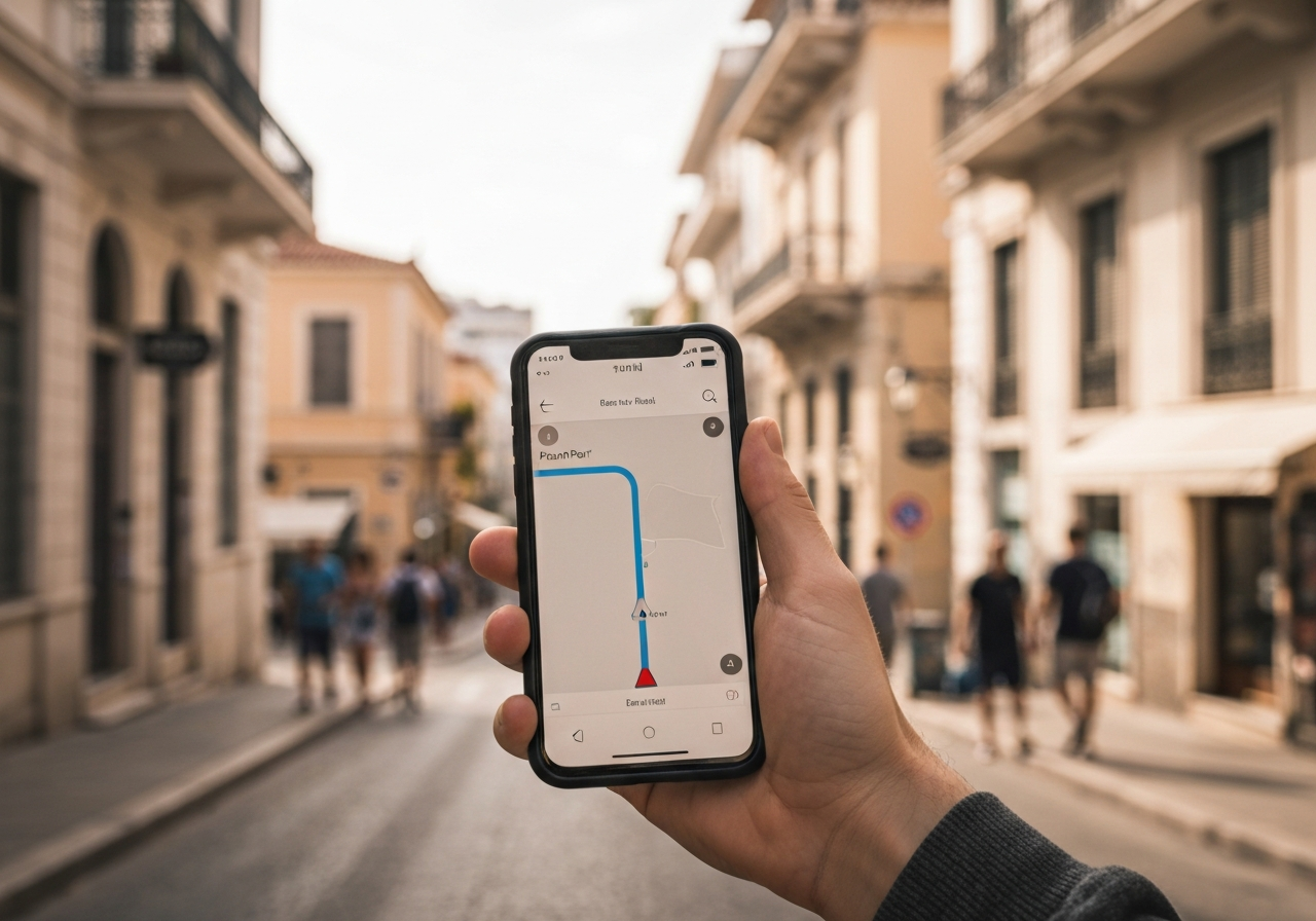 A candid, slightly off-center shot of a hand holding a modern smartphone, with the screen displaying a navigation app showing a route to a port. The background is a shallow depth of field view of a vibrant, sunlit Athenian street with a mix of older and newer buildings, and a few people walking in the distance. The image should convey a sense of movement and a traveler preparing for their next journey