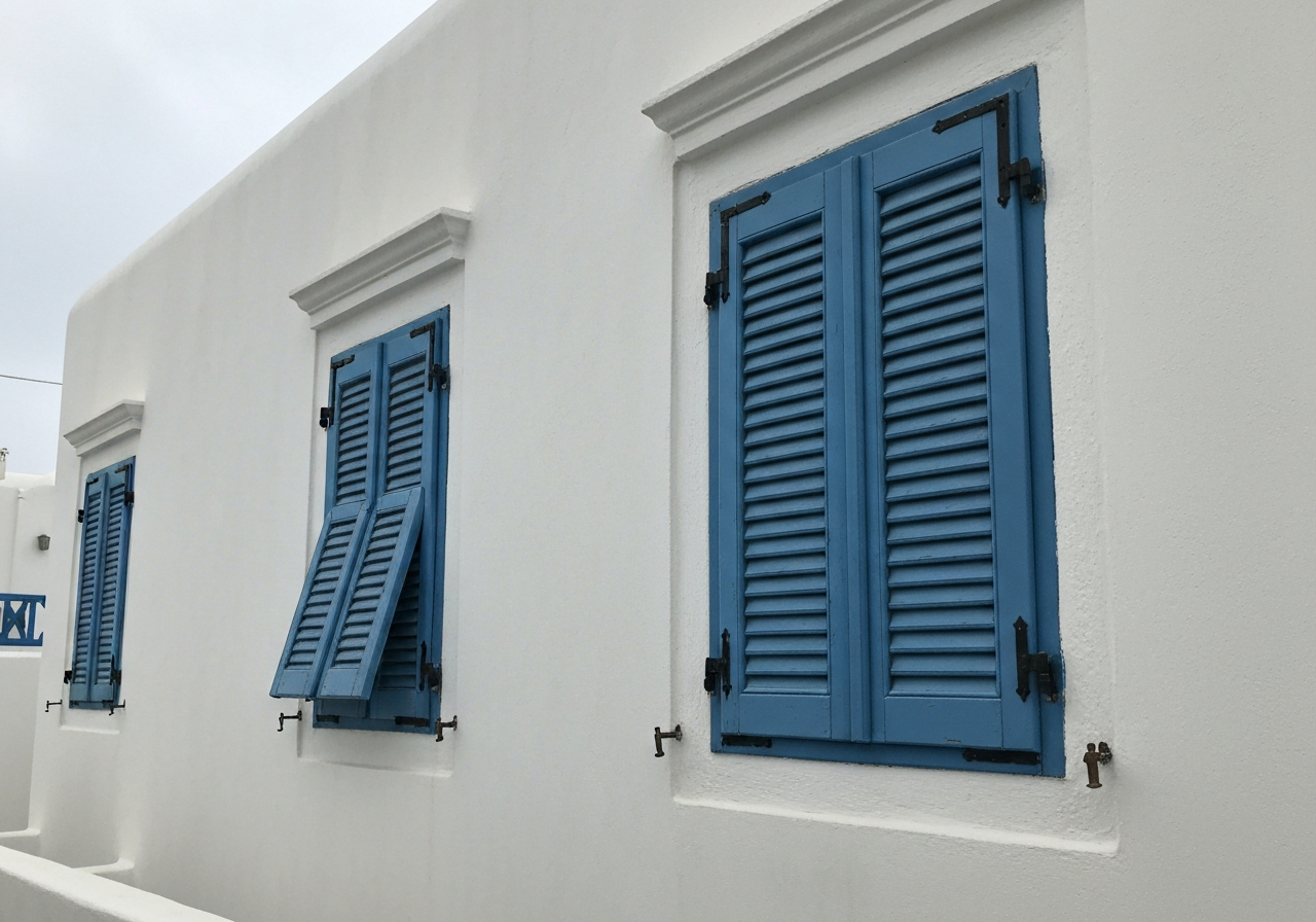 A close-up shot of a whitewashed Mykonos street with weathered blue shutters, some pulled down tight, on a cloudy, windy day. The image should have a slightly grainy, authentic feel, as if taken with a smartphone, capturing the quiet atmosphere of a holiday. Focus on architectural details and a sense of stillness