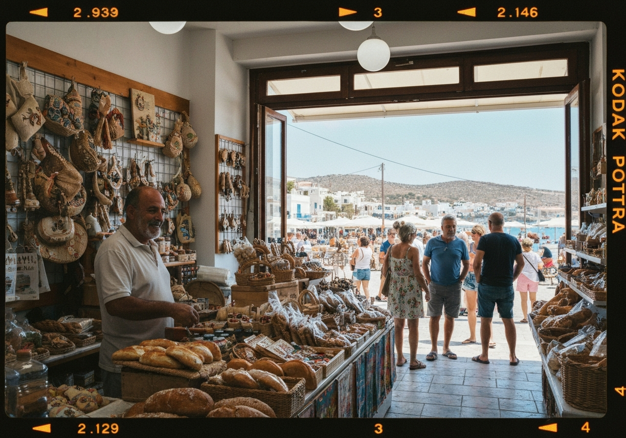 A view from inside a small, traditional Greek café in Mykonos, looking out a window at waves crashing against the shore. The interior should be dimly lit and cozy, with a half-finished Greek coffee on the table. The overall mood should be contemplative and a little melancholic, capturing the unexpected quiet of the holiday
