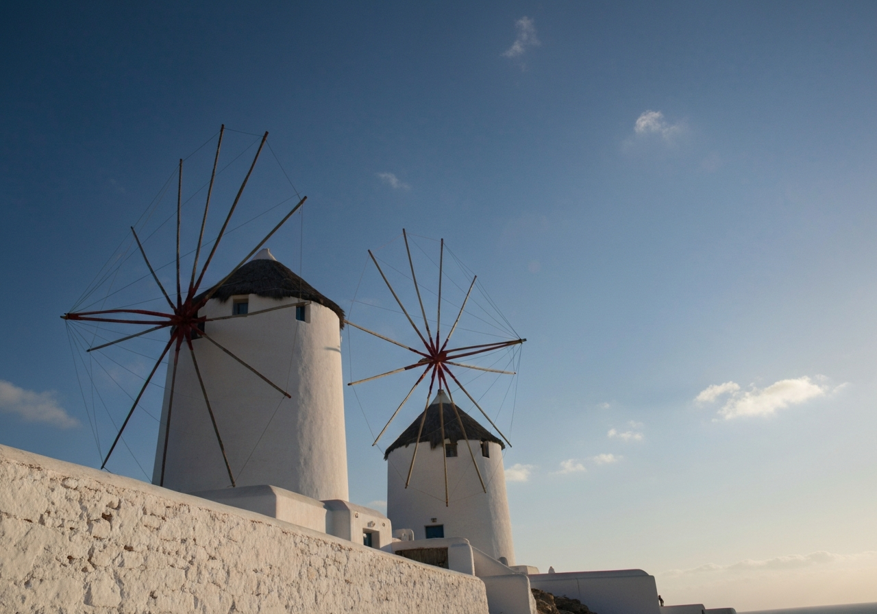 A low-angle, slightly tilted smartphone photo of the iconic Kato Mili windmills in Mykonos, bathed in the soft, early morning light. The sky is a clear, deep blue, and a few wisps of clouds are visible. The image should feel spontaneous, with a slight lens flare and an imperfect composition, capturing the texture of the whitewashed walls and the vastness of the sea in the background