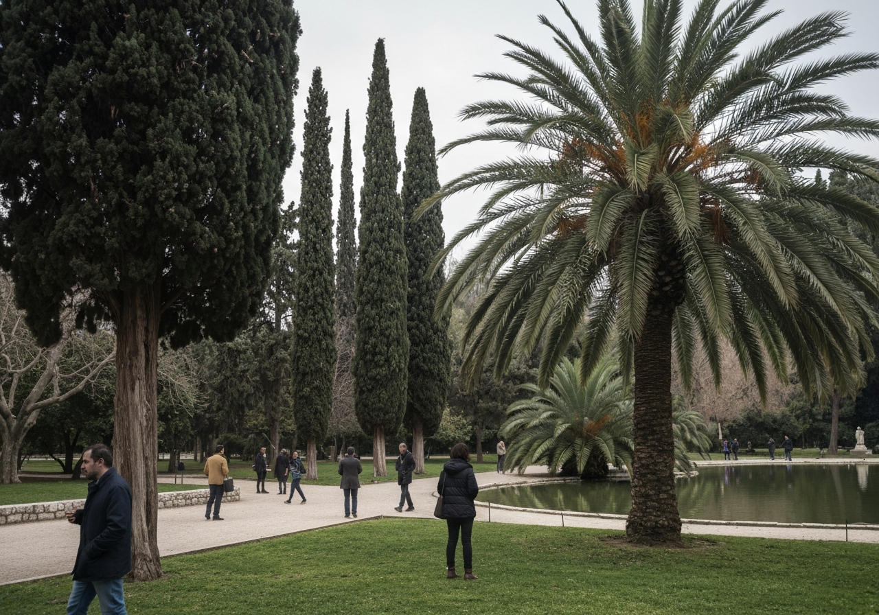 A candid shot of the National Garden in Athens on a cool, overcast day. Focus on the texture of impressive cypress trees and a magnificent palm near a pond, with a few people in the background appearing contemplative rather than actively engaged