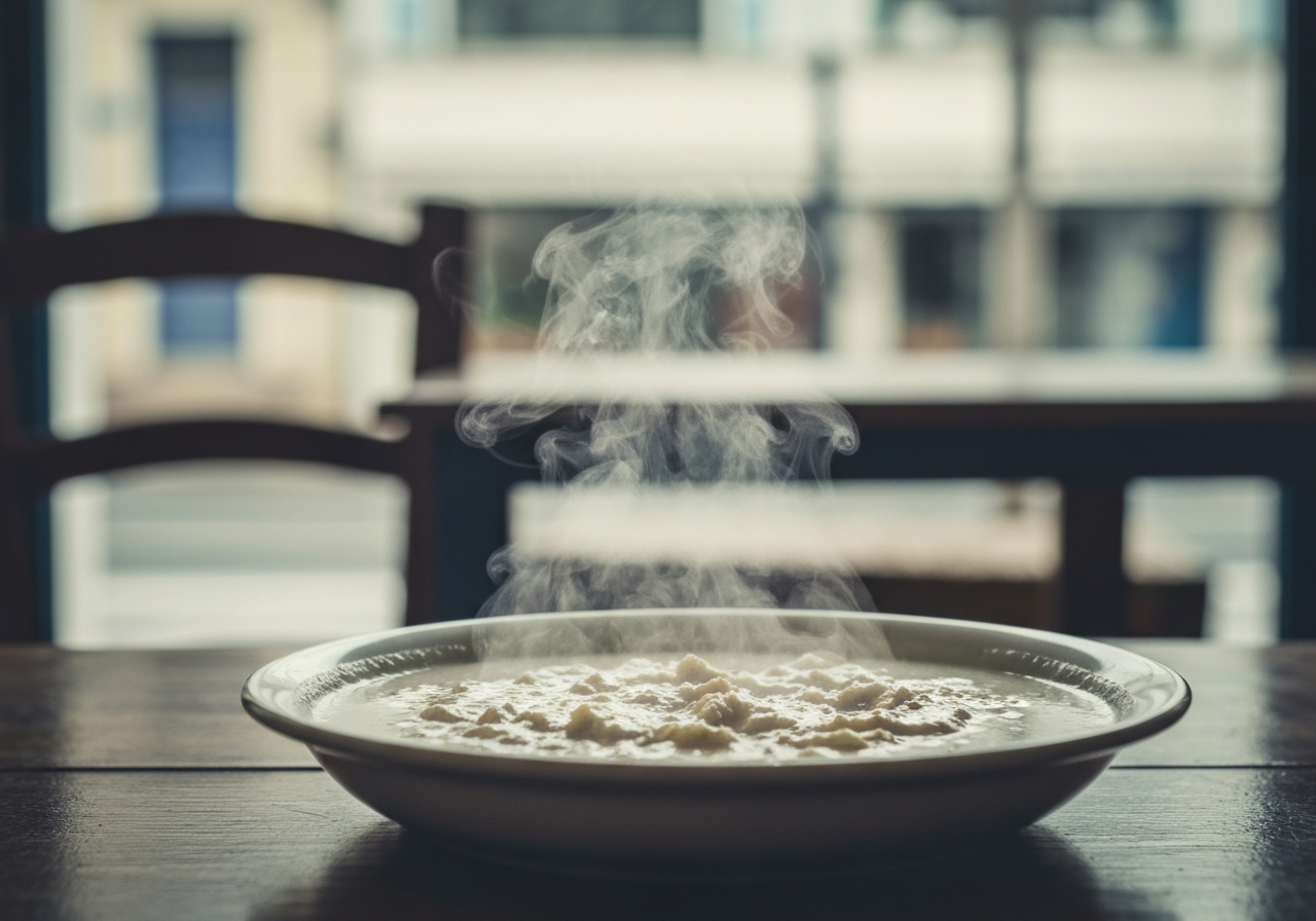 A close-up of a steaming bowl of fasolada on a simple taverna table in Athens, with the blurred background hinting at a cool, slightly grey day. The image should feel intimate and capture a moment of simple comfort amidst unusual weather
