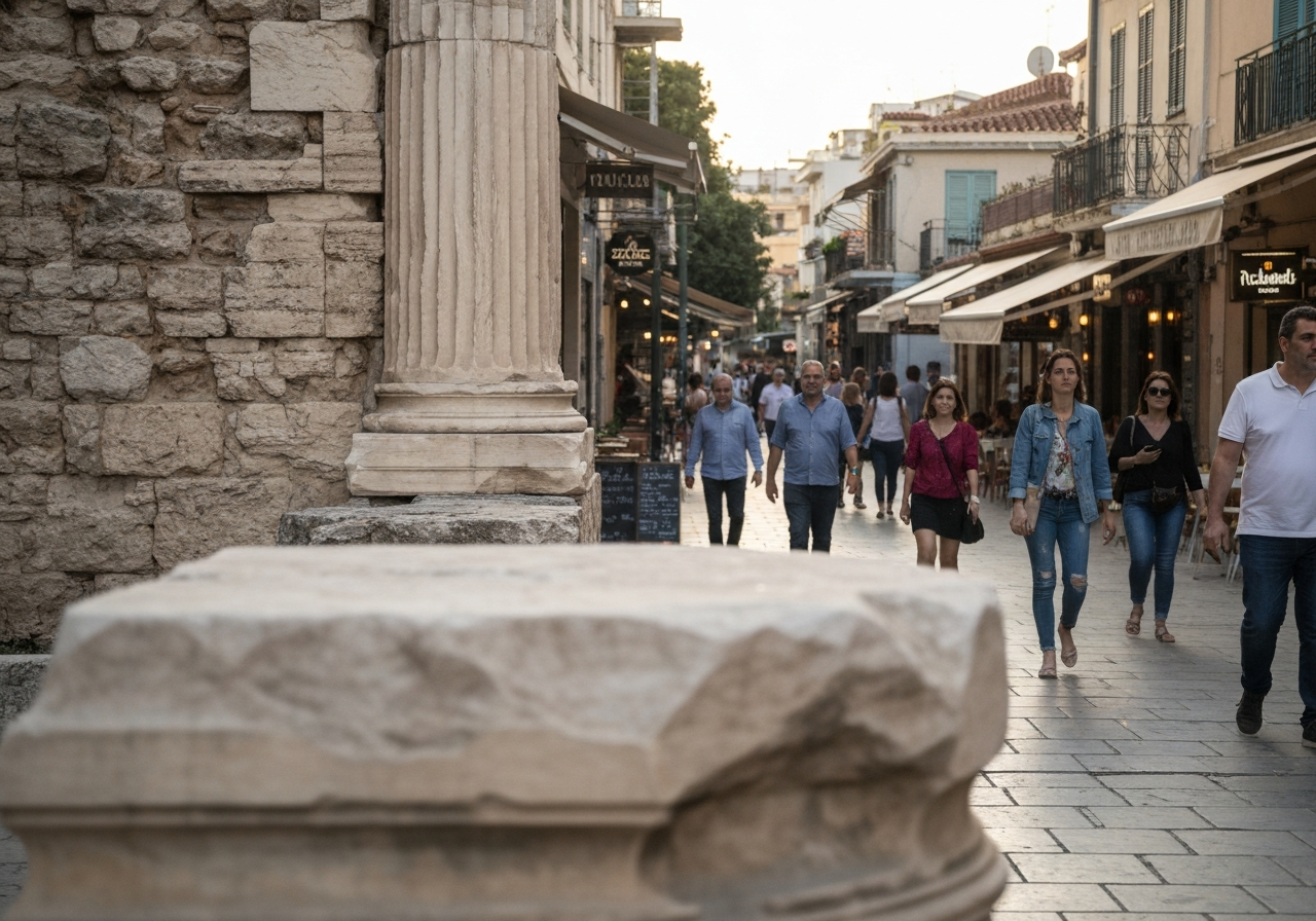 A street-level view of a pedestrian street in Athens, capturing the layered atmosphere of ancient ruins juxtaposed with modern life. In the foreground, a weathered stone wall or the edge of an ancient column is visible, while further down the street, people are walking, some in modern clothing, with glimpses of cafes and shops. The light is soft, late afternoon, creating long shadows. The composition feels unposed, as if the photographer just happened to capture the moment