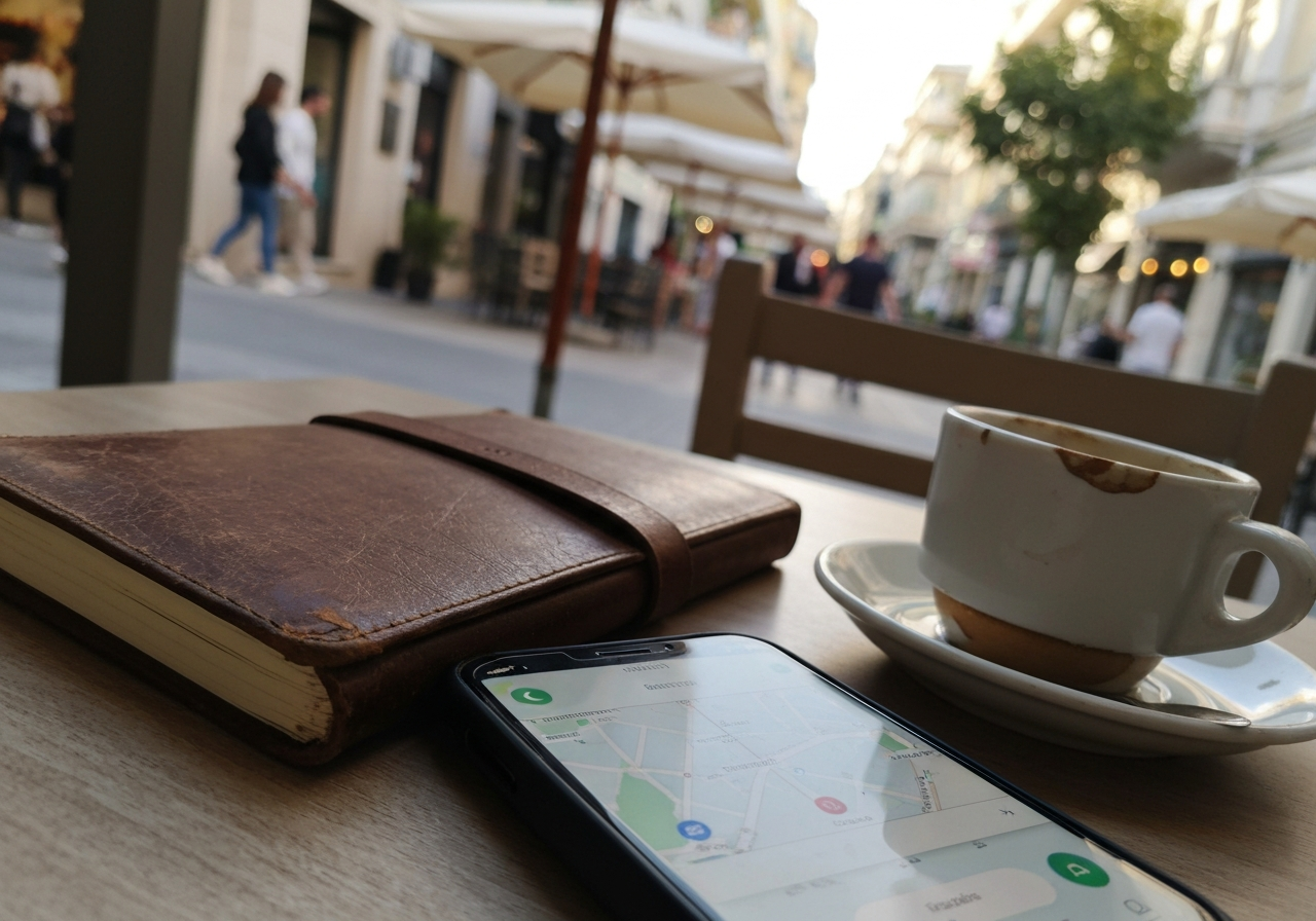 A close-up, slightly angled shot from a cafe table in Athens, showing a worn leather notebook, a modern smartphone with a partially open map app, and a small, slightly chipped ceramic coffee cup. The background is softly blurred, hinting at the bustling street scene outside with glimpses of people walking and cafe umbrellas. The lighting is natural, late afternoon sun, casting a warm glow. Shot on a smartphone, with a slight tilt and some natural bokeh