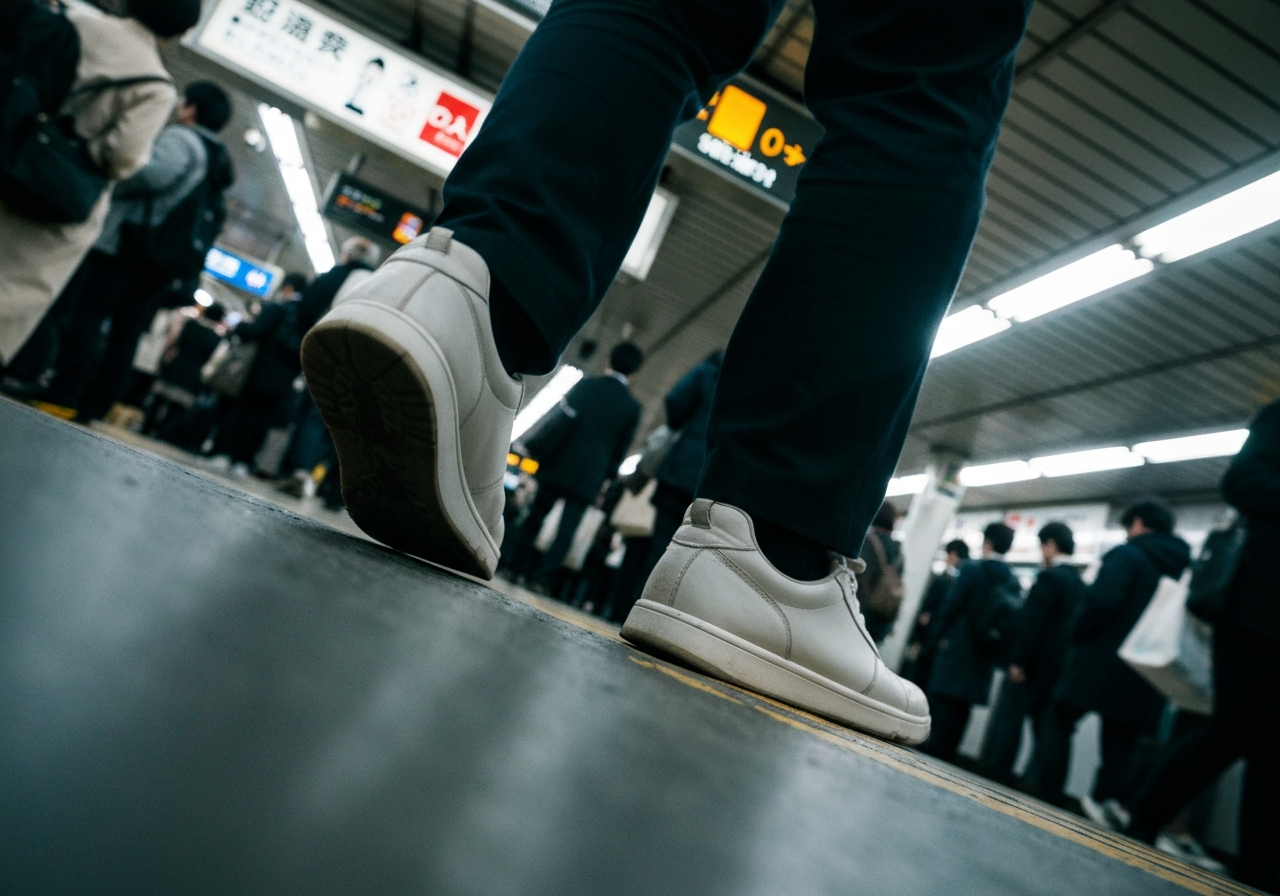 A candid, slightly tilted smartphone photo looking down at feet navigating a crowded Tokyo subway station during rush hour. Focus on the blur of movement and the sheer volume of people, with glimpses of station signage. Sense of disorientation and being swept along. Authentic, imperfect shot