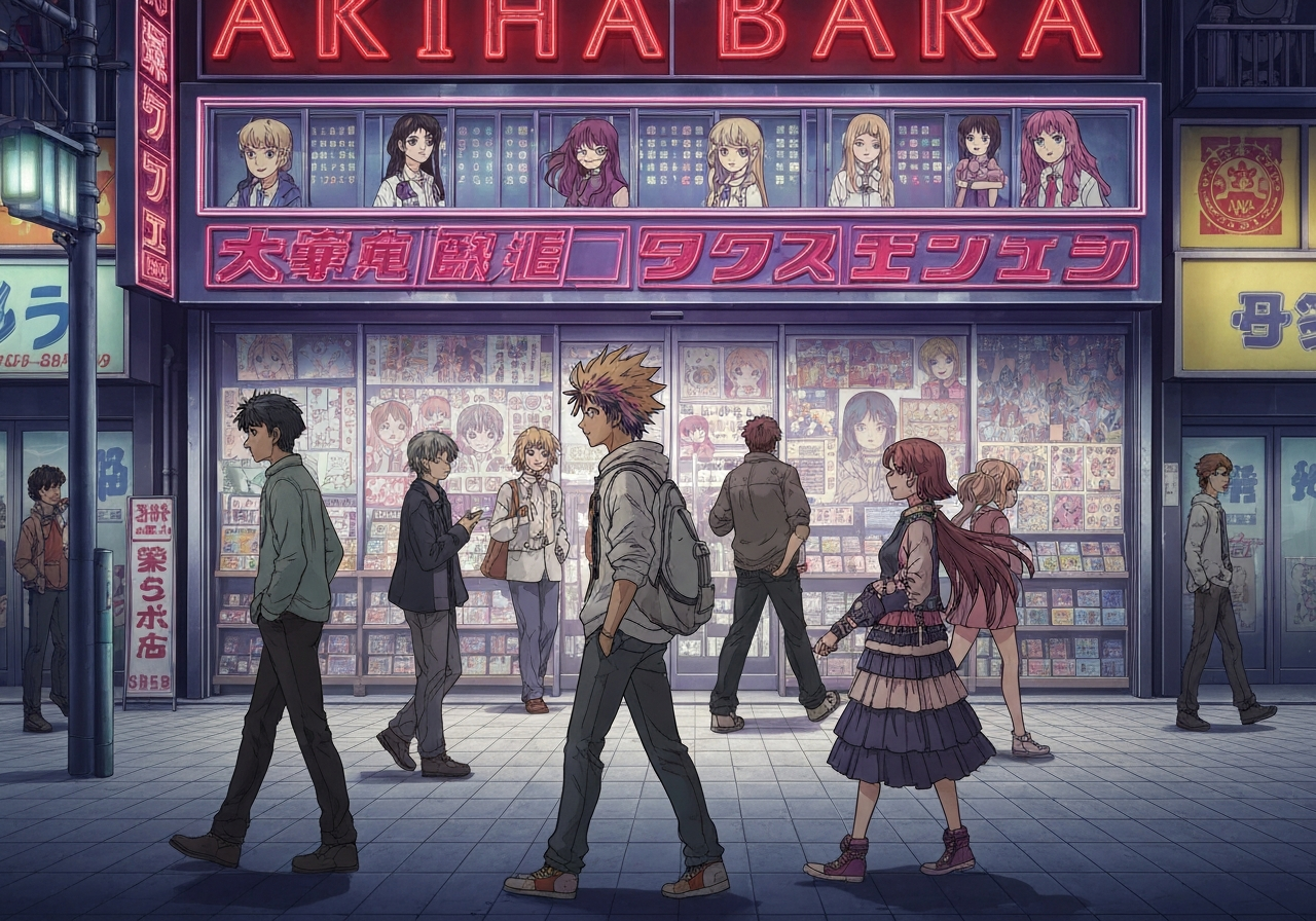 A candid, slightly shaky smartphone shot of the bustling Akihabara district in Tokyo. Focus on a vibrant, animated billboard displaying anime characters and a glimpse of an electronics store entrance packed with people. Overwhelming sensory experience, bright lights, slightly grainy texture. Authentic, imperfect shot