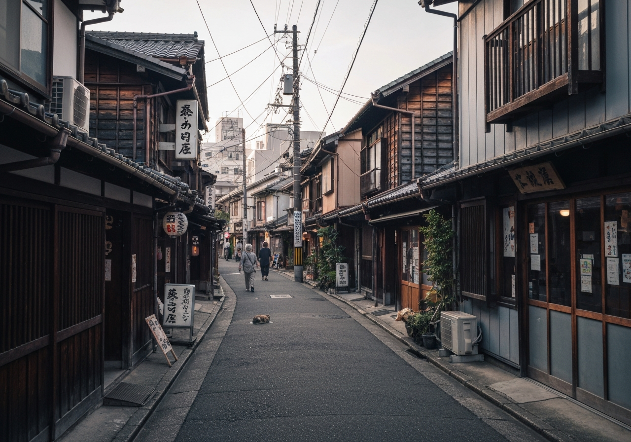 An authentic, slightly off-center smartphone photo looking down a narrow, winding street in Yanaka, Tokyo. Traditional wooden houses with tiled roofs line the street, and small, unpretentious shops with handwritten signs are visible. A few elderly locals are walking, and a stray cat might be seen lounging. The light is soft, late afternoon, with a sense of quiet and history. The image should feel candid and unposed