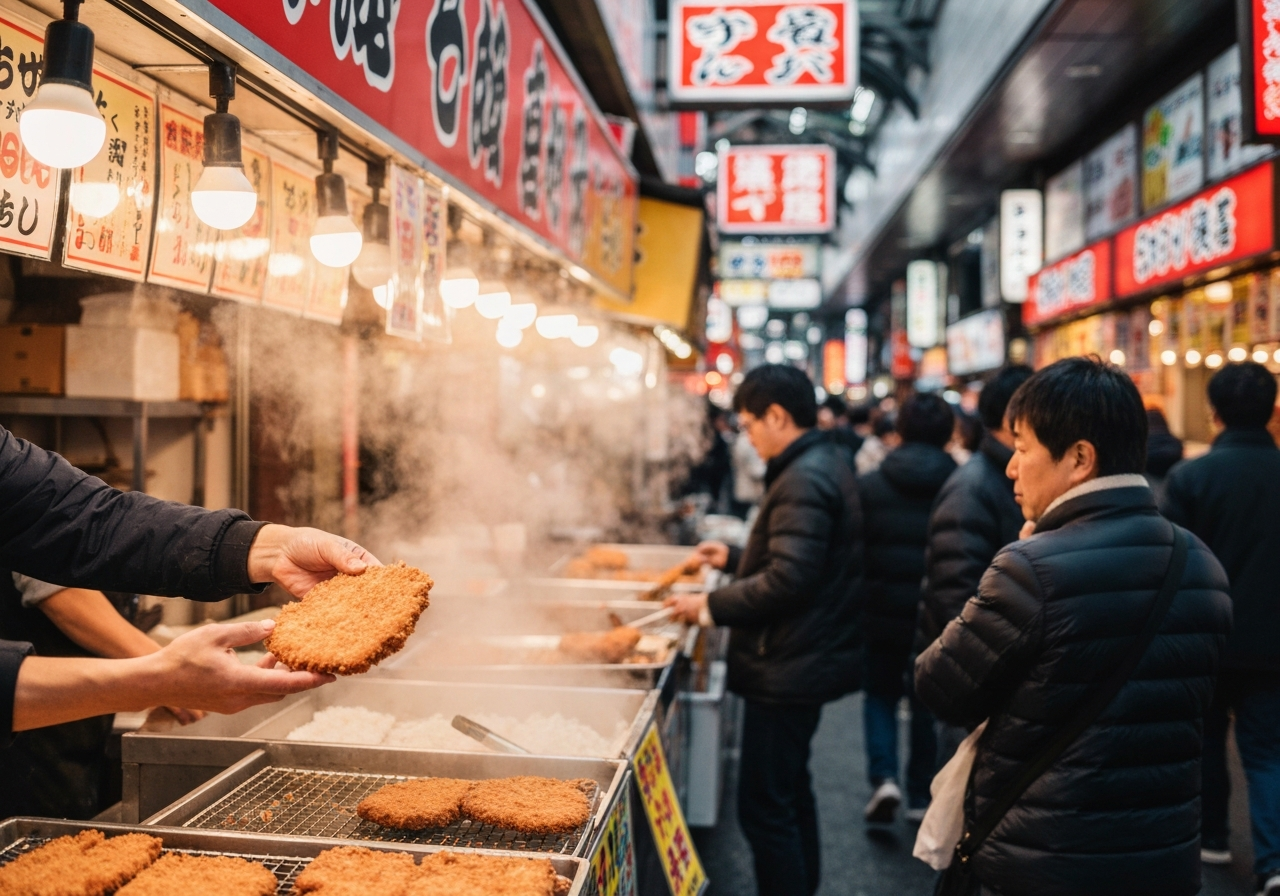 A candid, slightly shaky smartphone shot capturing a moment at a bustling food stall on Yanaka Ginza. The focus is on a crispy, golden-brown 'menchikatsu' being handed over by a vendor to a customer. The background is a blur of activity – other stalls, people walking, and colorful signage. The image should convey the sensory experience of the market – the steam, the textures, and the lively atmosphere. No overly perfect framing or lighting