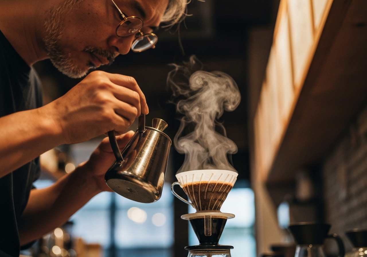 A close-up, slightly tilted shot taken with a smartphone of a barista's hands meticulously preparing pour-over coffee in a very narrow, dimly lit Tokyo coffee shop. Focus on the steam rising, the precise pouring motion, and the texture of the coffee grounds. The background is blurred, showing just a hint of a salt-and-pepper haired man with round glasses. The lighting is warm and natural, with a slightly grainy quality