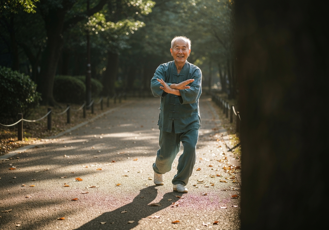 A candid, eye-level shot of an elderly Japanese person practicing tai chi in Ueno Park early in the morning. The light is dappled through trees, and fallen leaves are scattered on the path. Focus on the movement and gentle atmosphere, with a slightly imperfect framing
