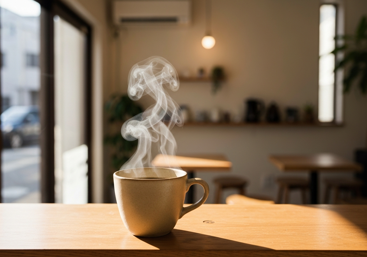 A close-up, slightly off-center shot of a steaming pour-over coffee cup on a wooden counter, with a blurred background of a small, modern cafe interior just opening in Tokyo. The light is soft morning sun. Shot with a smartphone, natural depth of field