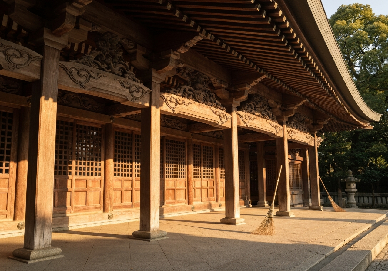 A low-angle, natural light shot of the ornate carvings on the eaves of Toshogu Shrine in Ueno Park. A groundskeeper's broom is visible in the foreground, mid-sweep of fallen leaves. The golden morning light catches the details of the shrine