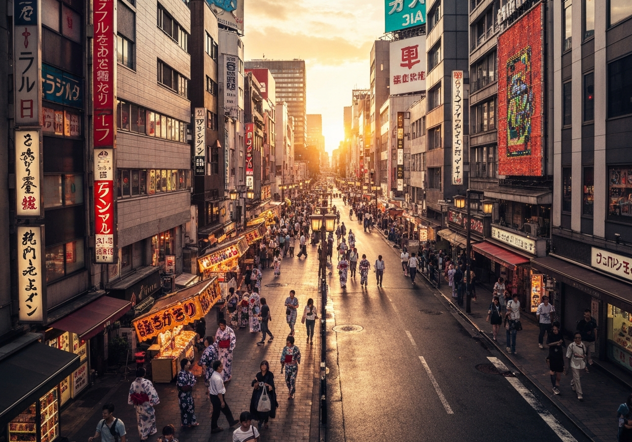 A slightly blurry, handheld shot of a narrow Tokyo alleyway in Akihabara at dusk. Neon signs in Japanese characters are just starting to flicker on, casting a colorful glow on wet pavement. The focus is slightly off, giving a sense of candid observation. A few people are blurred in the background, walking by