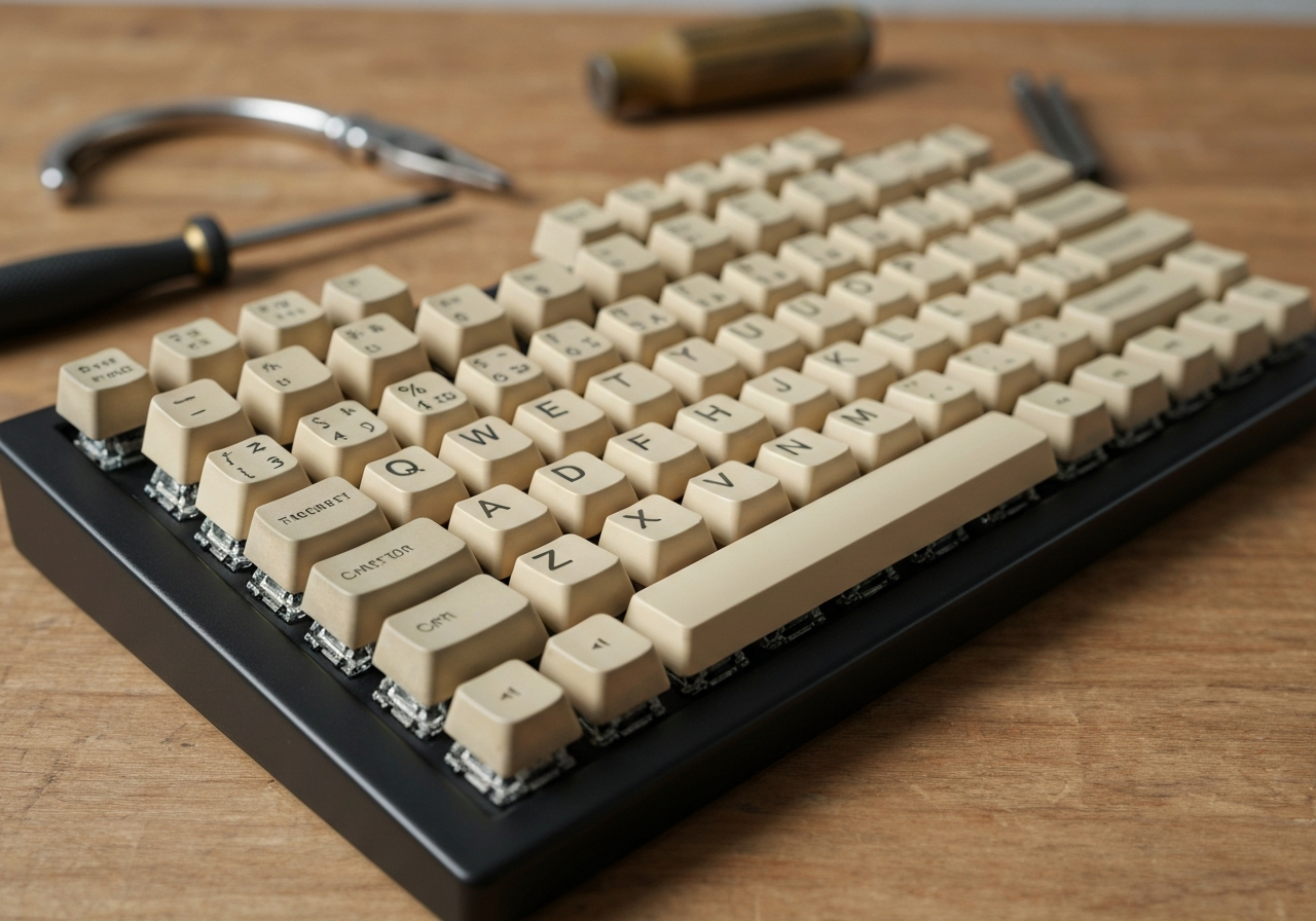 Close-up, slightly tilted smartphone photo of a vintage mechanical keyboard on a wooden shelf in a dimly lit shop. Dust motes are visible in a shaft of light. The texture of the keys and the aged plastic are prominent. The background is soft and out of focus, hinting at shelves filled with electronics