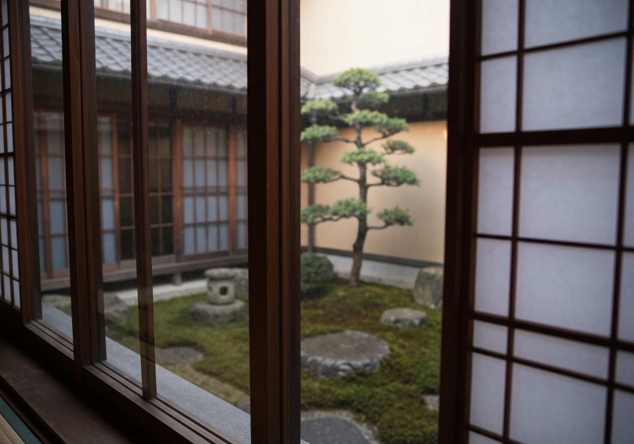 An authentic, handheld shot looking out from the window of a traditional Japanese ryokan room. Through a slightly smudged pane of glass, a glimpse of a small, meticulously maintained Japanese garden courtyard is visible. The early morning or late afternoon light casts a soft glow on moss-covered stones and a single, elegantly pruned tree. The focus is slightly soft, with a natural depth of field, hinting at a moment of quiet observation