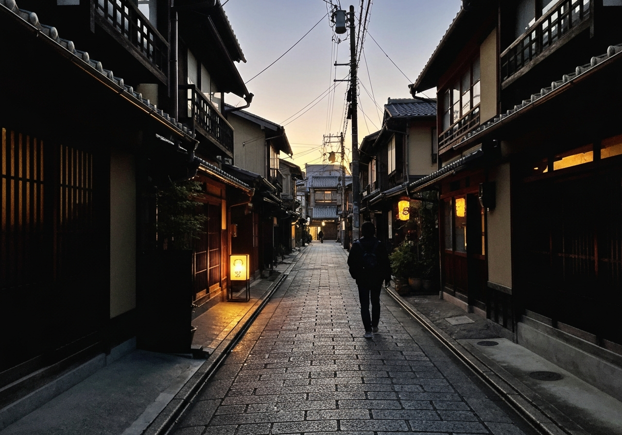 A candid, street-level photo taken at dusk in a quiet Kyoto neighborhood. The image captures a narrow cobblestone street lined with traditional wooden machiya townhouses. The warm glow of a single, old-fashioned lantern illuminates a portion of the street, casting long shadows. A solitary figure is walking away from the camera, silhouetted against the light, conveying a sense of peaceful exploration. The photo has a slight grain and natural color saturation, like a real phone snapshot