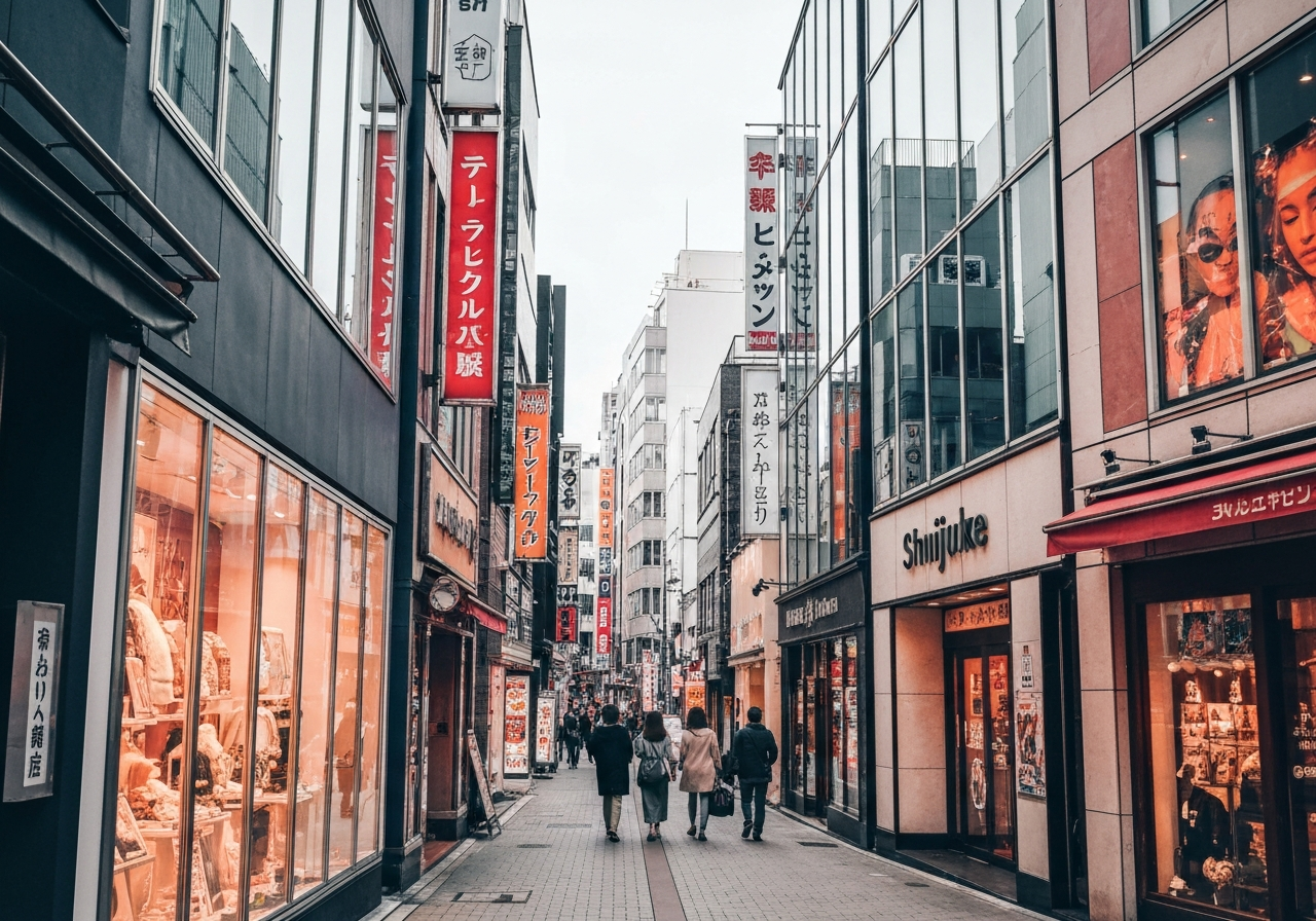 A street-level, slightly angled smartphone photo capturing a quiet Sunday morning scene in Shinjuku. The image shows a few people walking with purpose, the dappled sunlight on the pavement, and a glimpse of modern architecture in the background. Emphasize the subdued energy of the city before the afternoon rush. Natural, unposed composition
