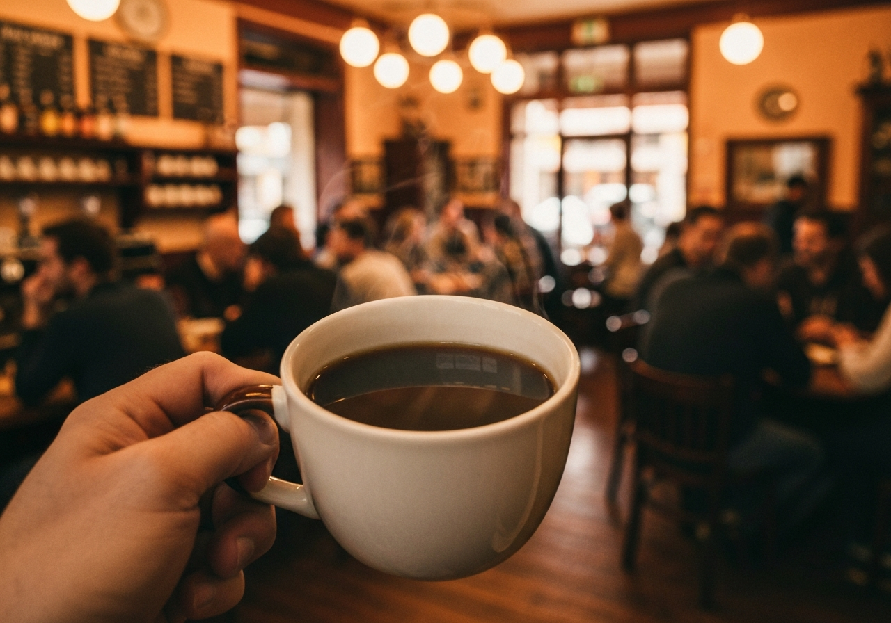 A close-up, slightly shaky smartphone photo of a steaming cup of coffee on a small cafe table, with the blurred background showing a calm, sunlit Tokyo street on a Sunday morning. Focus on the texture of the coffee and the reflections in the cup. Authentic, candid feel