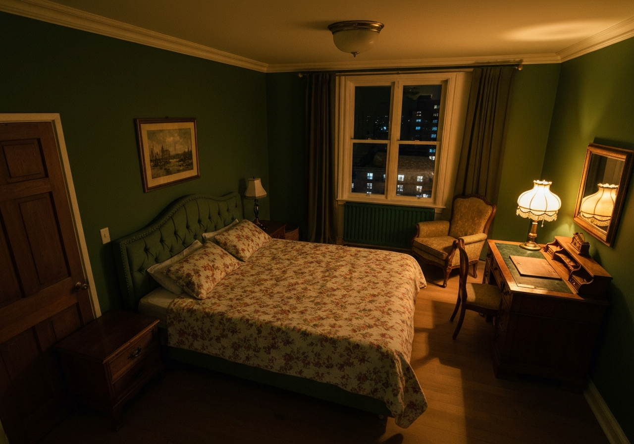 A dimly lit hotel room interior, captured from a low angle. A sliver of a dark, tree-lined park is visible through a window, with faint city lights in the distance. The image has a slightly grainy, authentic feel, as if taken with a phone in the late evening, focusing on the quiet atmosphere of arrival