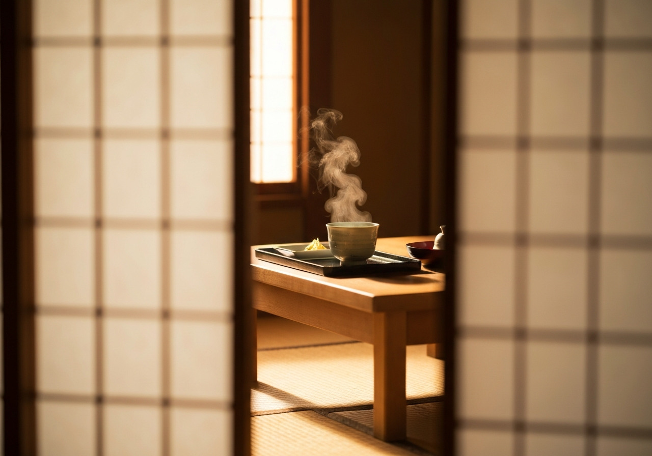 A slightly blurry, handheld shot taken through a delicate paper screen window of a traditional Japanese ryokan. Soft, early morning golden light filters in, illuminating dust motes in the air and casting a warm glow on a simple, low wooden table with a steaming cup of green tea and a small, neatly arranged breakfast tray. The focus is slightly soft, capturing the quiet, contemplative atmosphere of an early departure