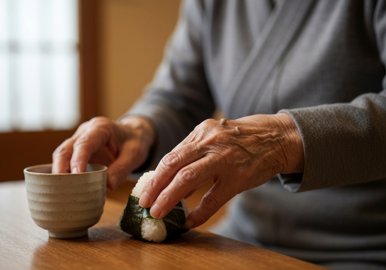 A close-up, candid shot of an elderly Japanese woman's hands placing a small, wrapped rice ball (onigiri) next to a ceramic teacup on a wooden surface. Her fingers are slightly wrinkled, and the detail of the wrapped onigiri is slightly out of focus, emphasizing the gesture of kindness. The background is a softly blurred interior of a ryokan, hinting at tatami mats and natural light